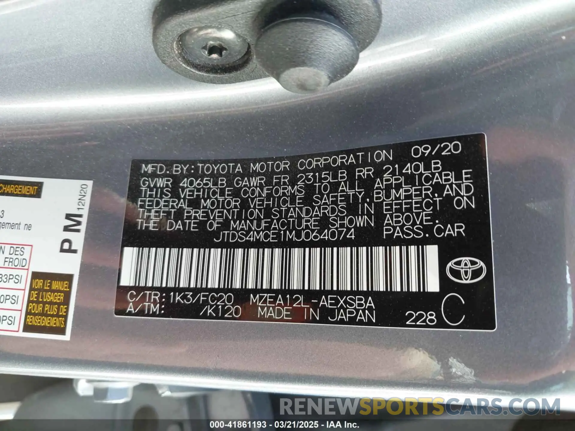 9 fotografías del automóvil dañado JTDS4MCE1MJ064074 TOYOTA COROLLA 2021