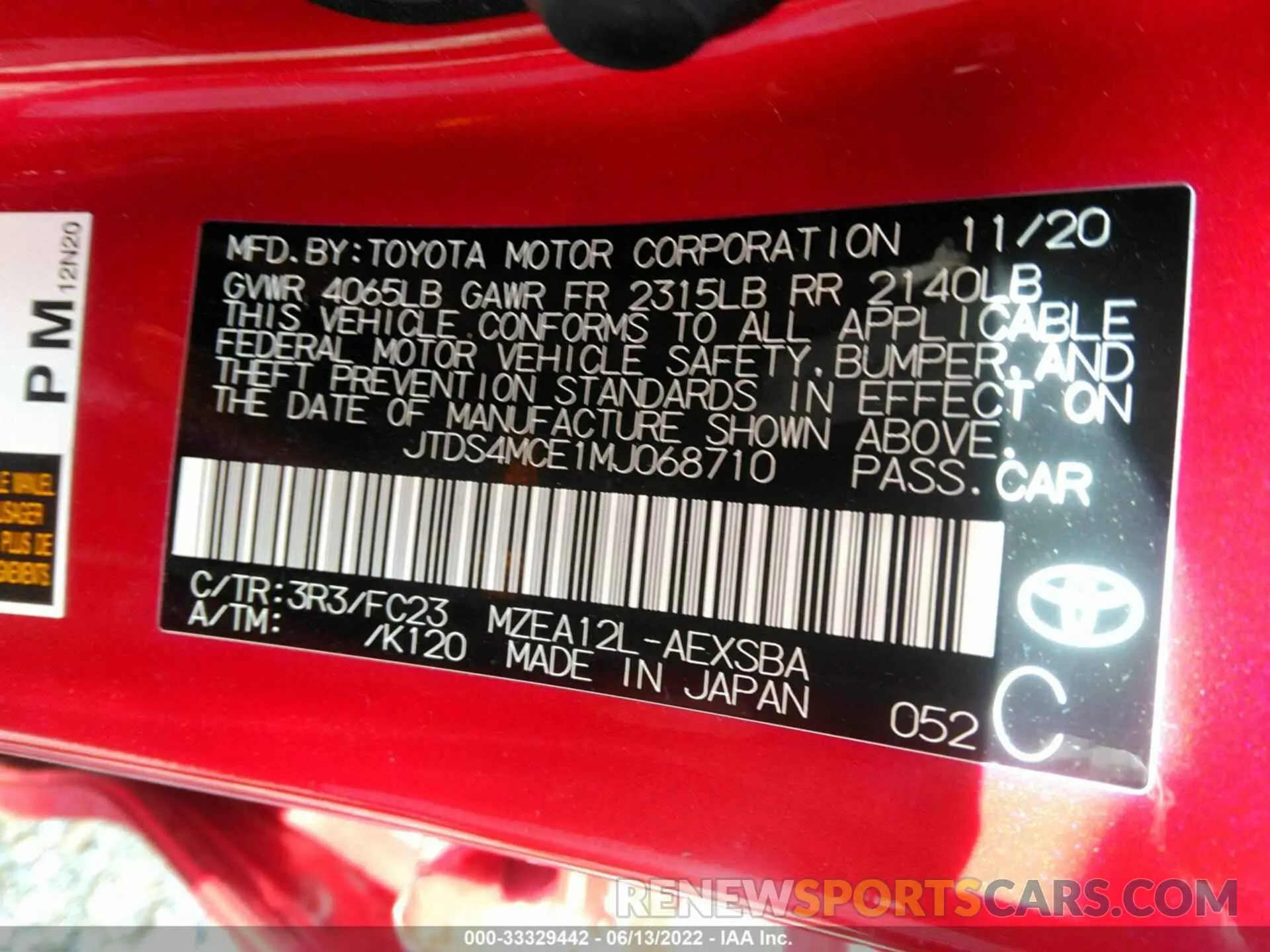9 fotografías del automóvil dañado JTDS4MCE1MJ068710 TOYOTA COROLLA 2021