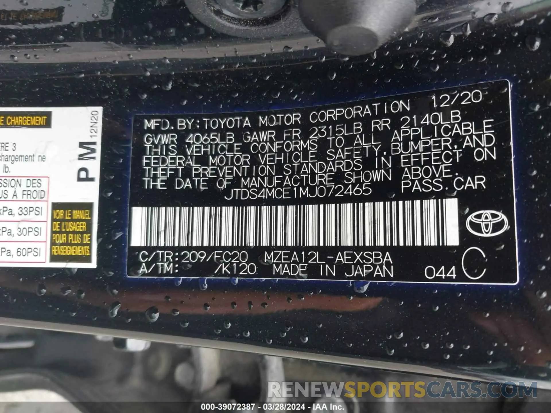 9 fotografías del automóvil dañado JTDS4MCE1MJ072465 TOYOTA COROLLA 2021