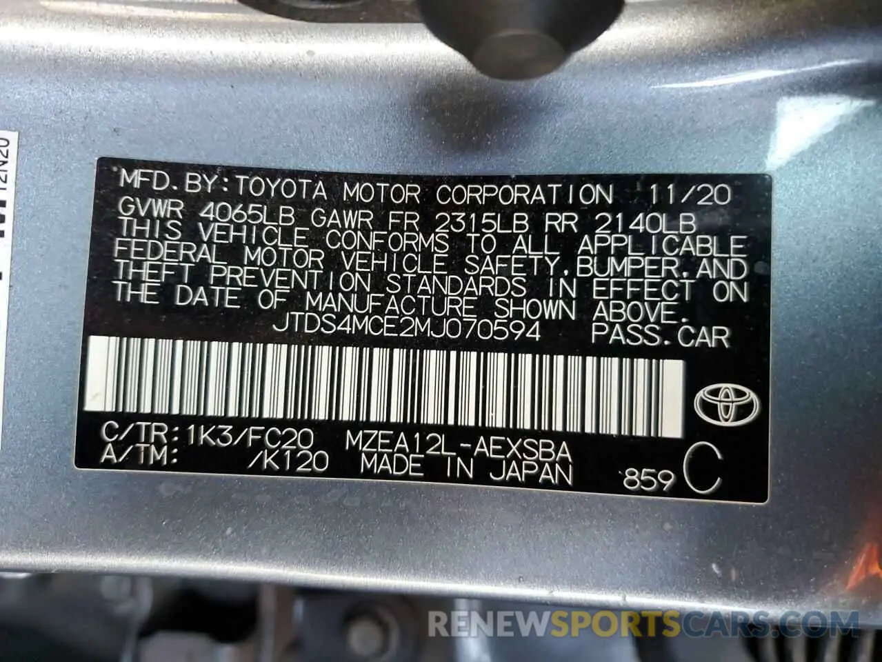 12 fotografías del automóvil dañado JTDS4MCE2MJ070594 TOYOTA COROLLA 2021