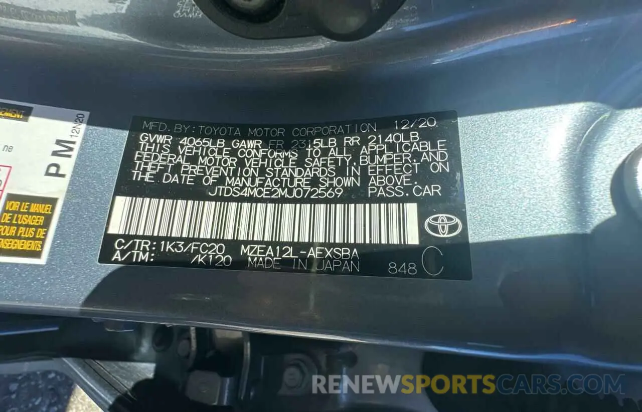 10 fotografías del automóvil dañado JTDS4MCE2MJ072569 TOYOTA COROLLA 2021