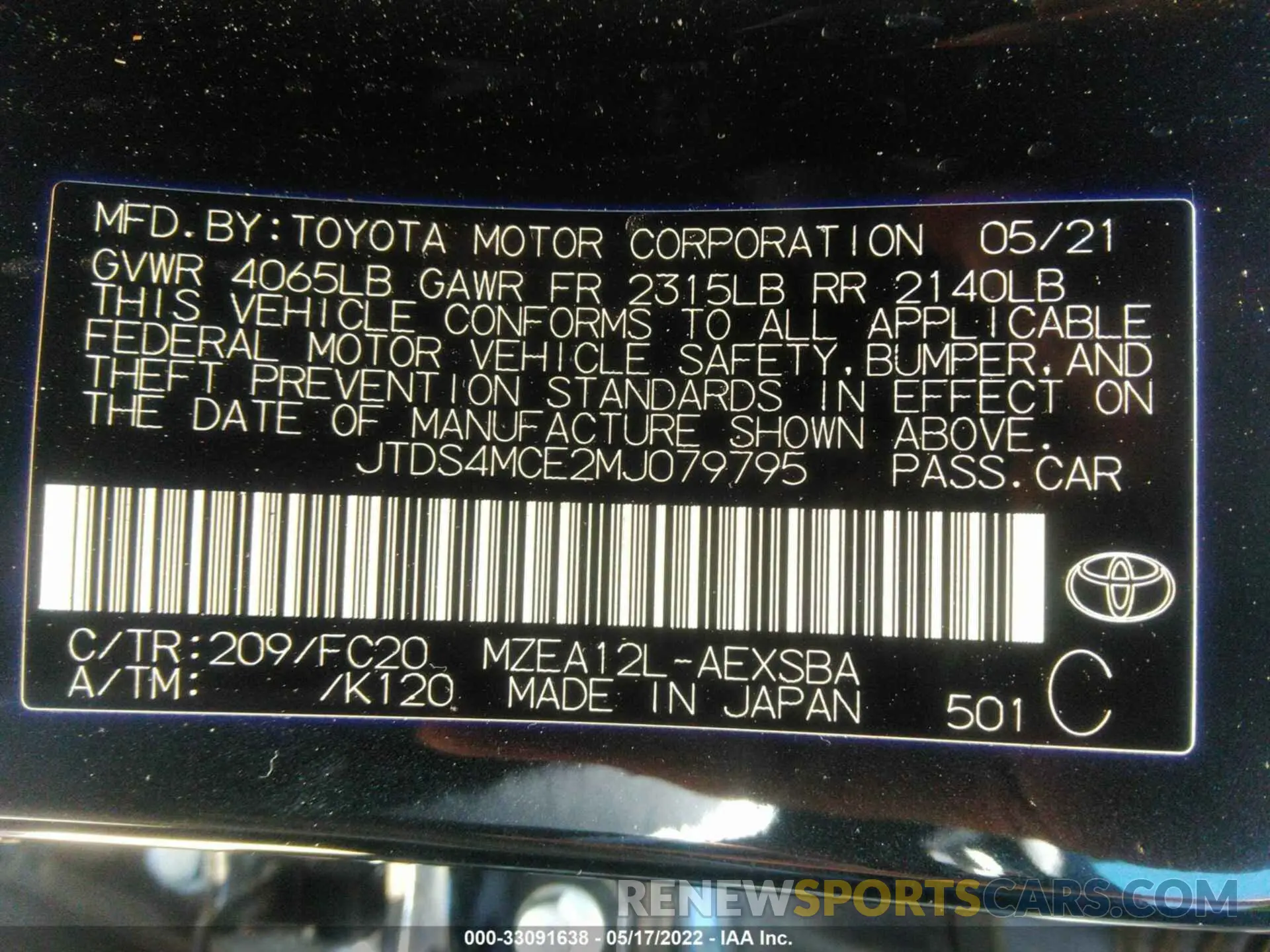 9 fotografías del automóvil dañado JTDS4MCE2MJ079795 TOYOTA COROLLA 2021