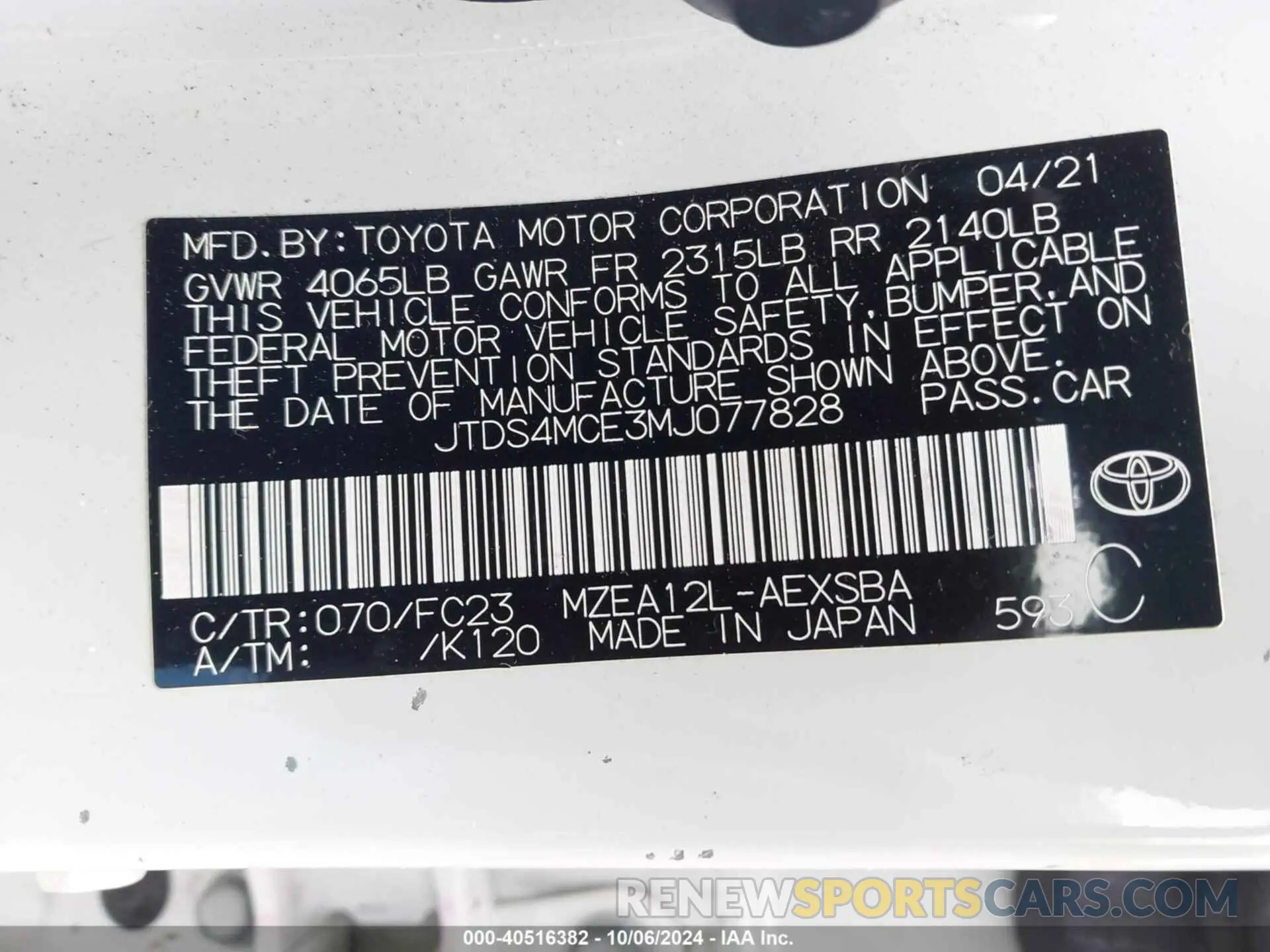 9 fotografías del automóvil dañado JTDS4MCE3MJ077828 TOYOTA COROLLA 2021