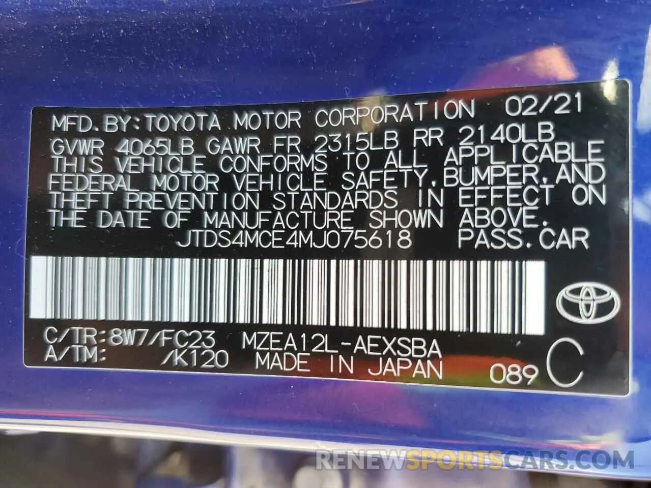 12 fotografías del automóvil dañado JTDS4MCE4MJ075618 TOYOTA COROLLA 2021