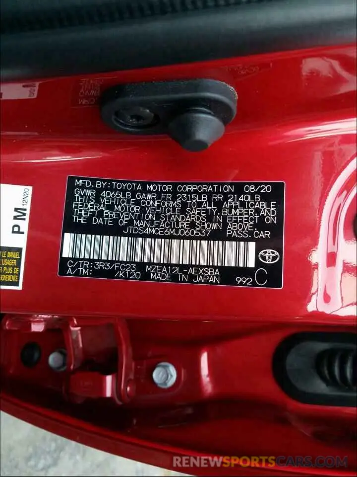10 fotografías del automóvil dañado JTDS4MCE6MJ060537 TOYOTA COROLLA 2021