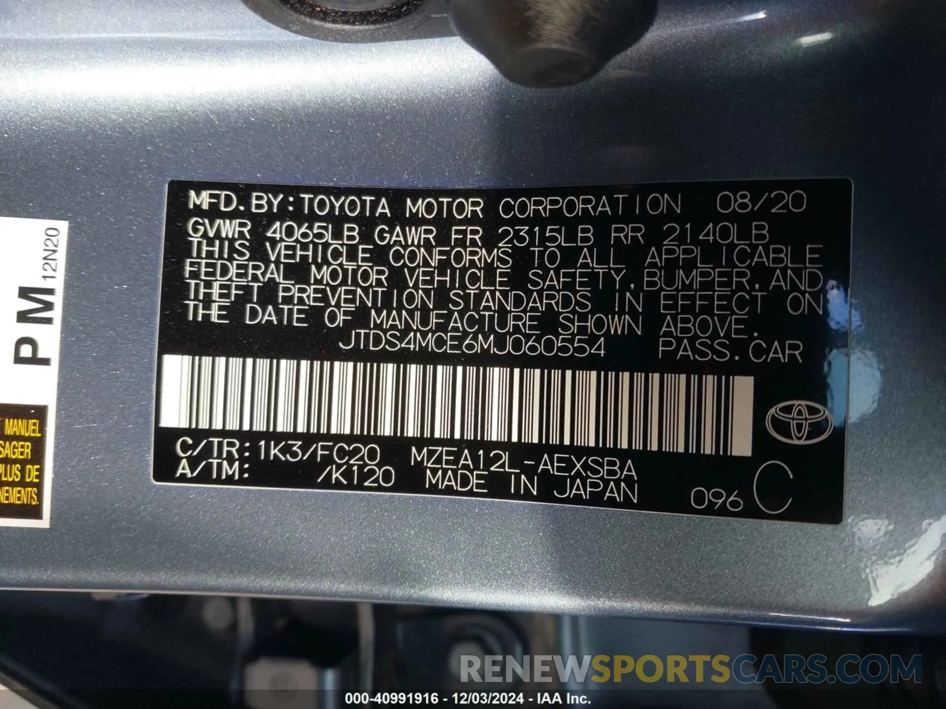 9 fotografías del automóvil dañado JTDS4MCE6MJ060554 TOYOTA COROLLA 2021