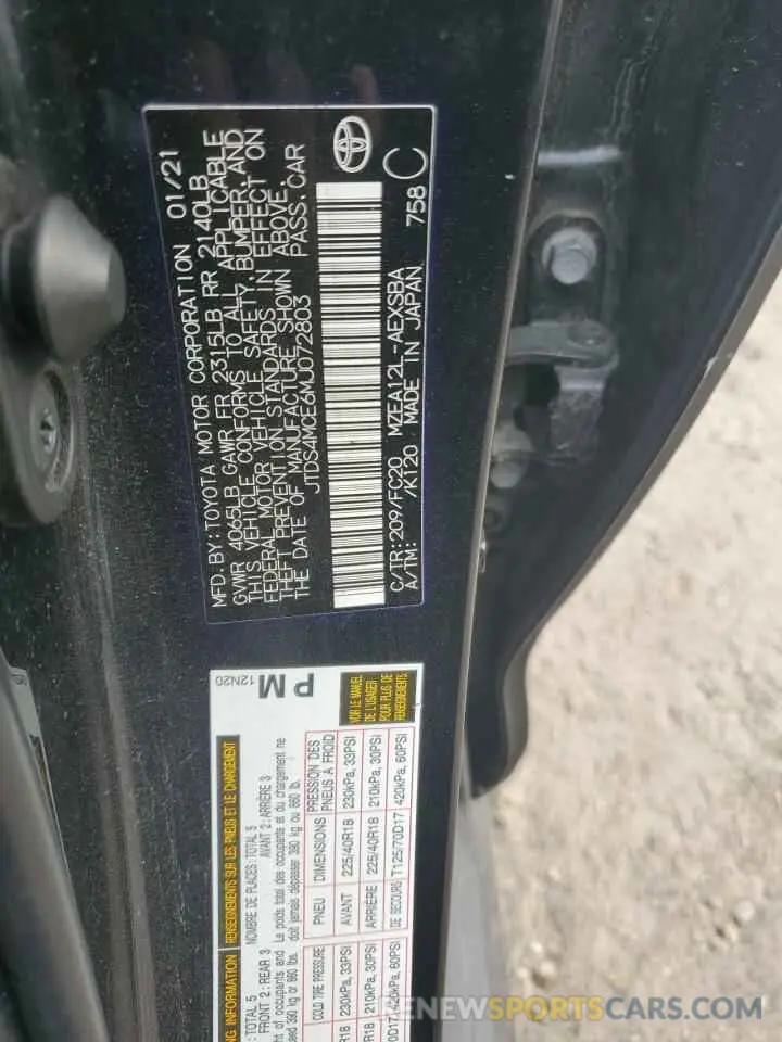 12 fotografías del automóvil dañado JTDS4MCE6MJ072803 TOYOTA COROLLA 2021