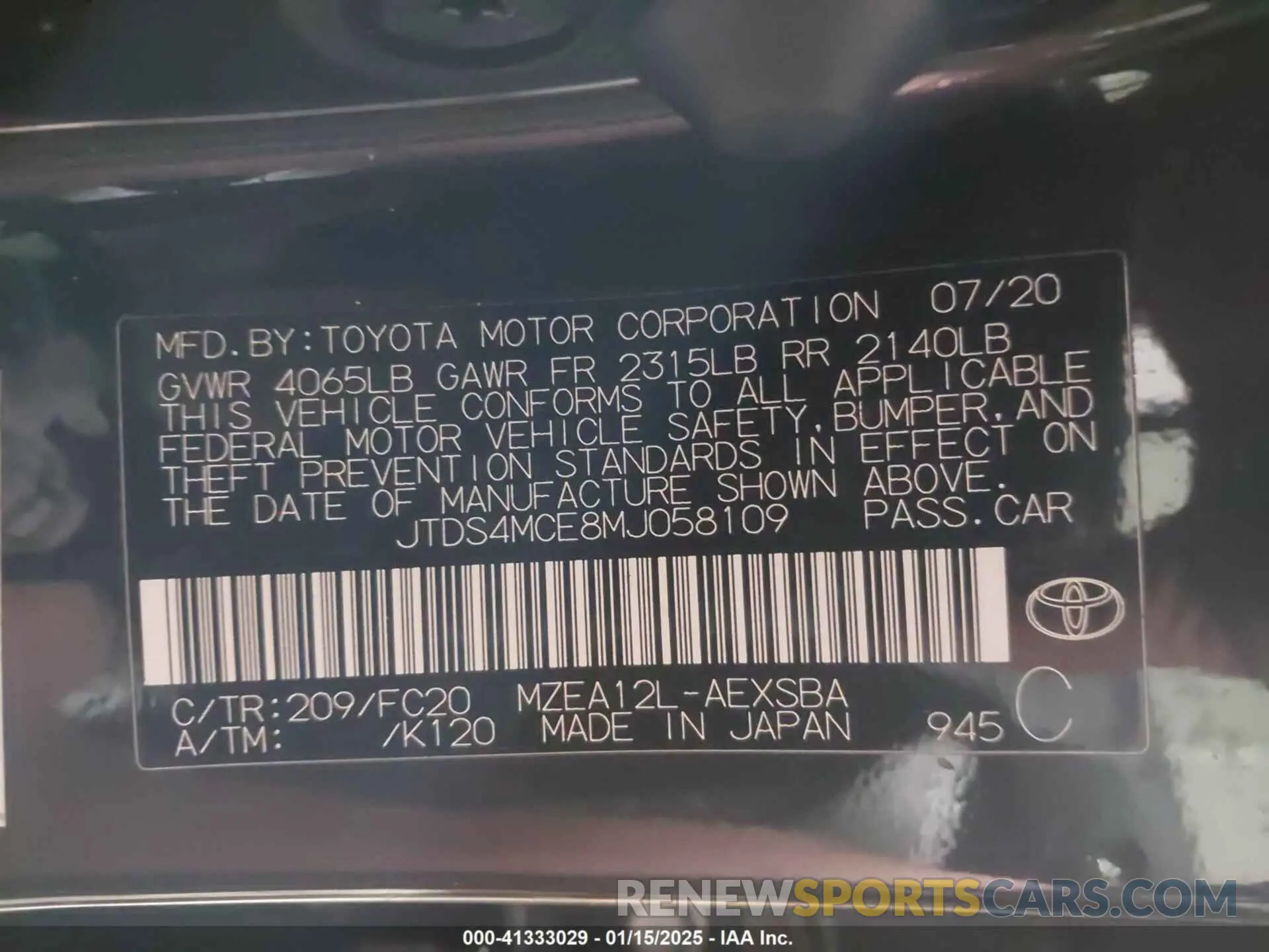 9 fotografías del automóvil dañado JTDS4MCE8MJ058109 TOYOTA COROLLA 2021
