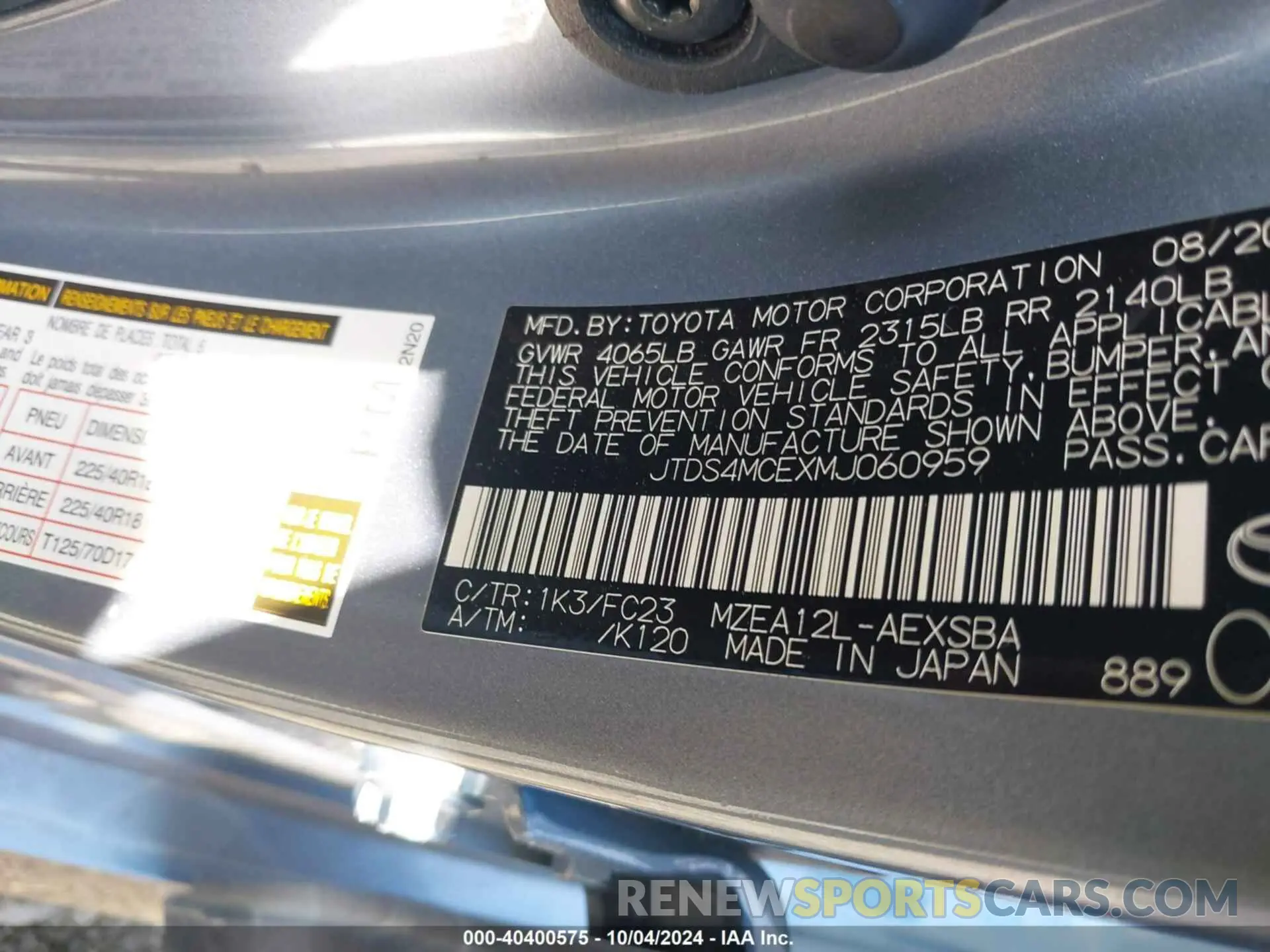 9 fotografías del automóvil dañado JTDS4MCEXMJ060959 TOYOTA COROLLA 2021