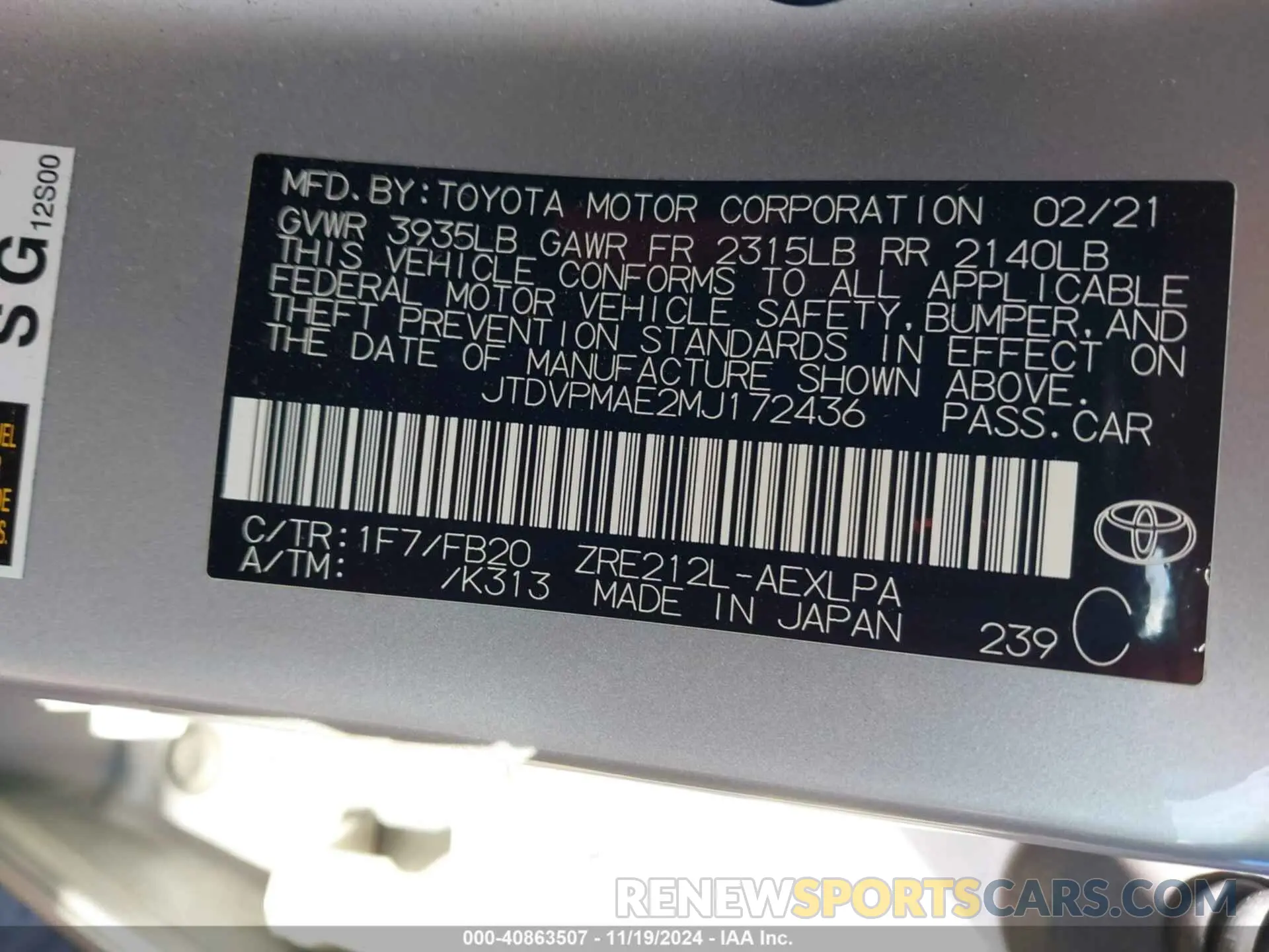 9 fotografías del automóvil dañado JTDVPMAE2MJ172436 TOYOTA COROLLA 2021