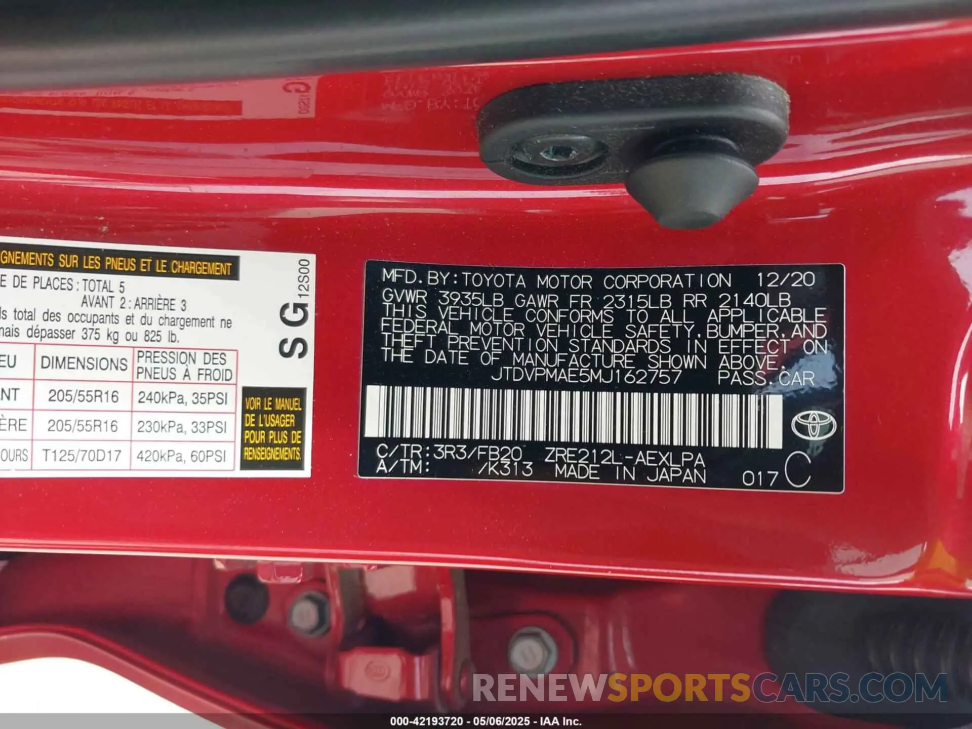 9 fotografías del automóvil dañado JTDVPMAE5MJ162757 TOYOTA COROLLA 2021