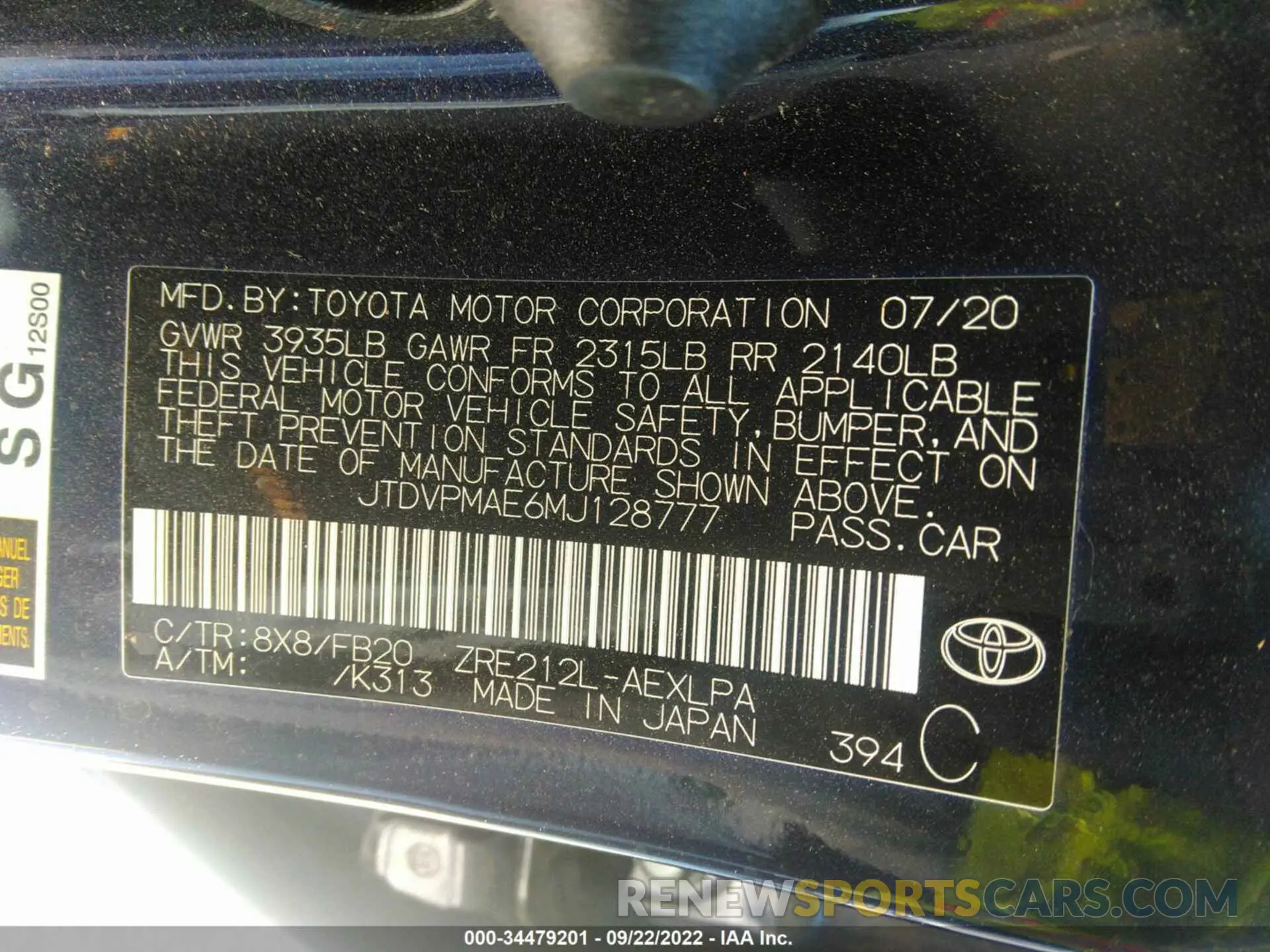 9 fotografías del automóvil dañado JTDVPMAE6MJ128777 TOYOTA COROLLA 2021