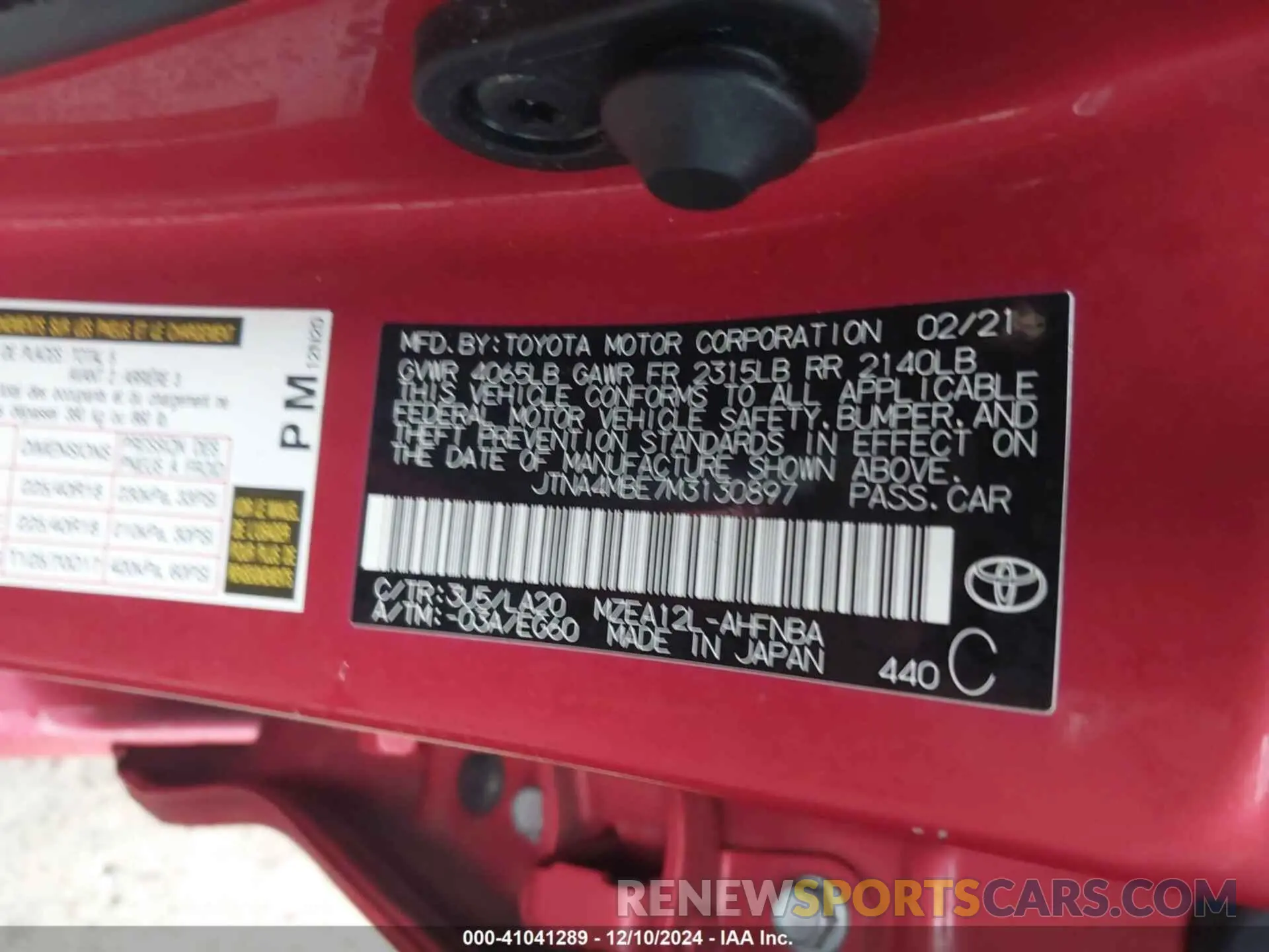 9 fotografías del automóvil dañado JTNA4MBE7M3130897 TOYOTA COROLLA 2021