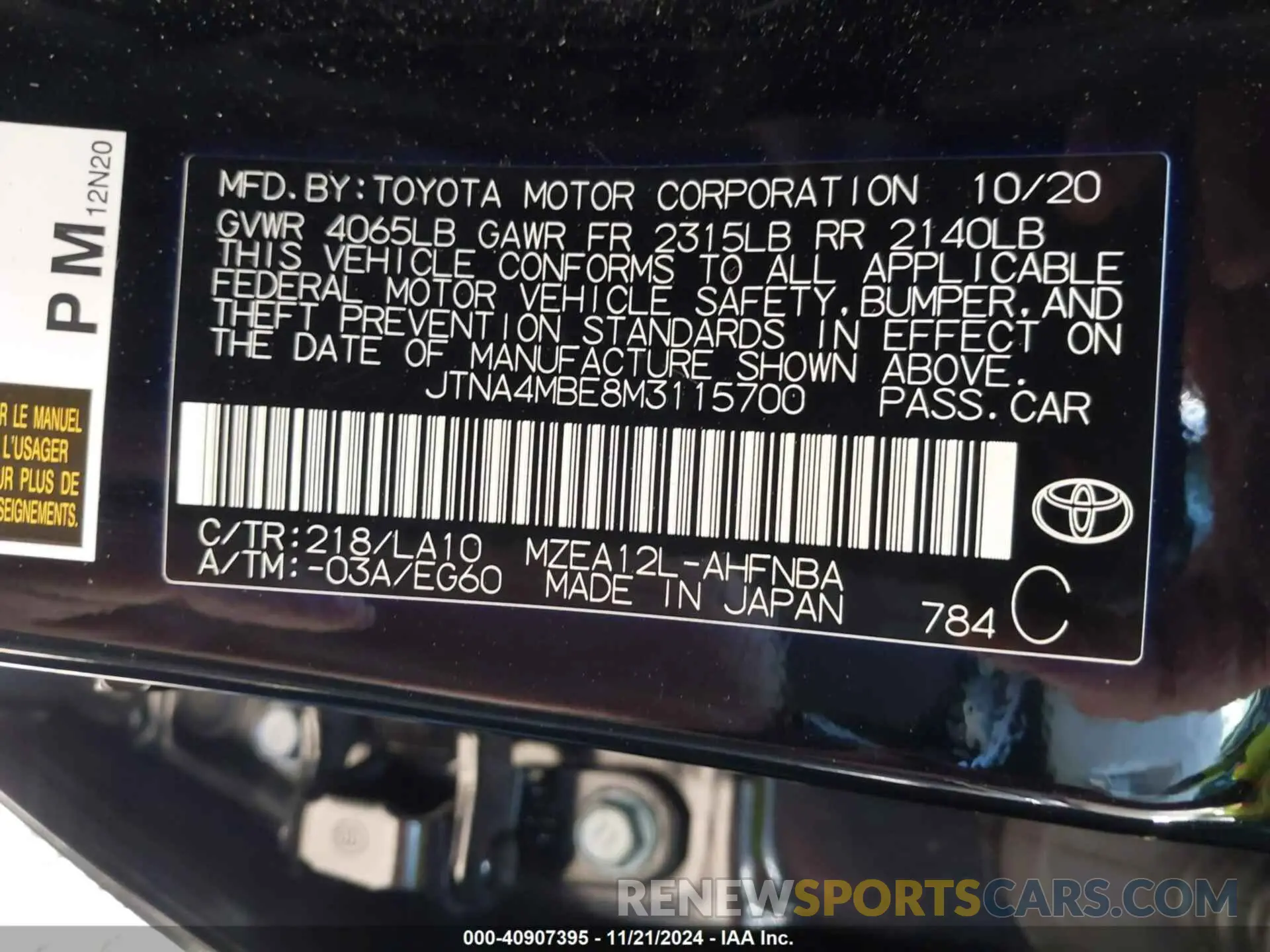 9 fotografías del automóvil dañado JTNA4MBE8M3115700 TOYOTA COROLLA 2021