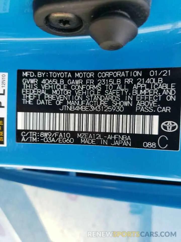10 fotografías del automóvil dañado JTNB4MBE3M3125930 TOYOTA COROLLA 2021