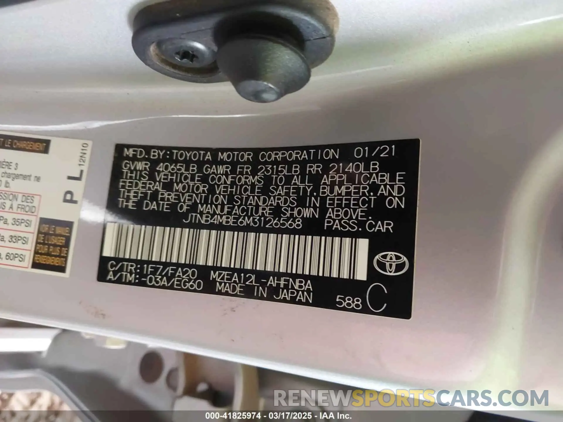 9 fotografías del automóvil dañado JTNB4MBE6M3126568 TOYOTA COROLLA 2021