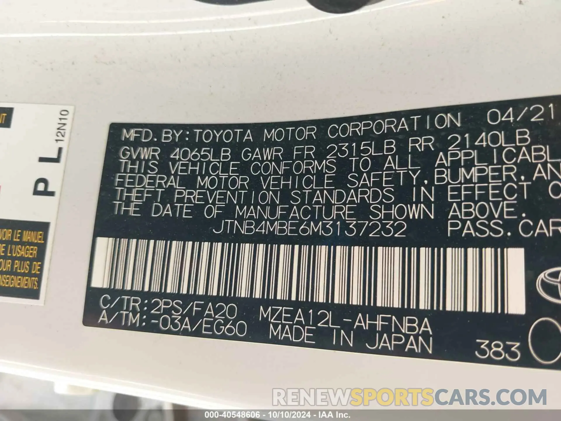 9 fotografías del automóvil dañado JTNB4MBE6M3137232 TOYOTA COROLLA 2021