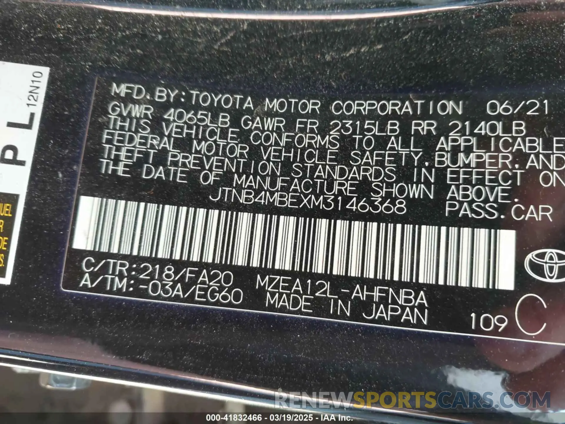 9 fotografías del automóvil dañado JTNB4MBEXM3146368 TOYOTA COROLLA 2021