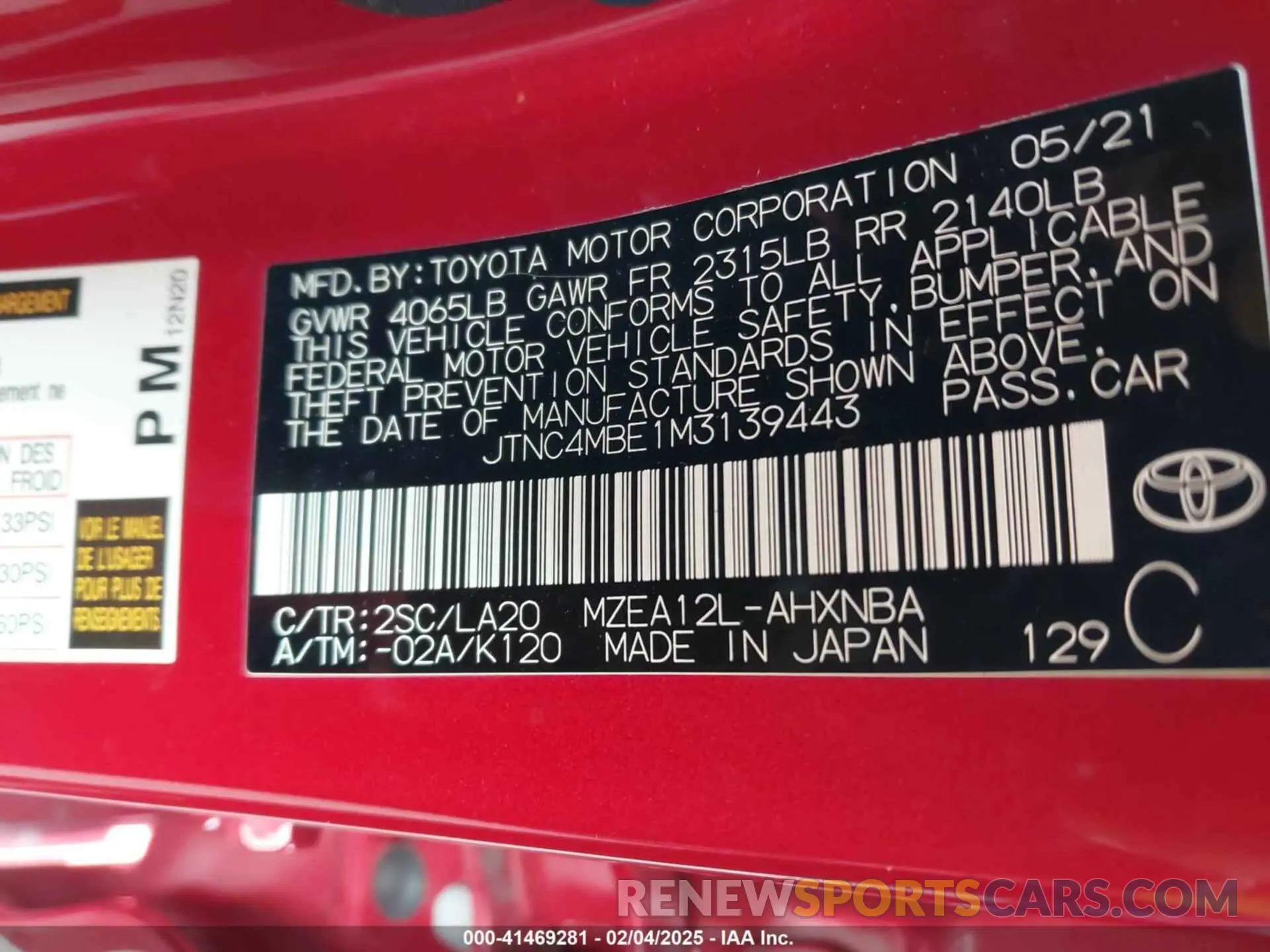 9 fotografías del automóvil dañado JTNC4MBE1M3139443 TOYOTA COROLLA 2021