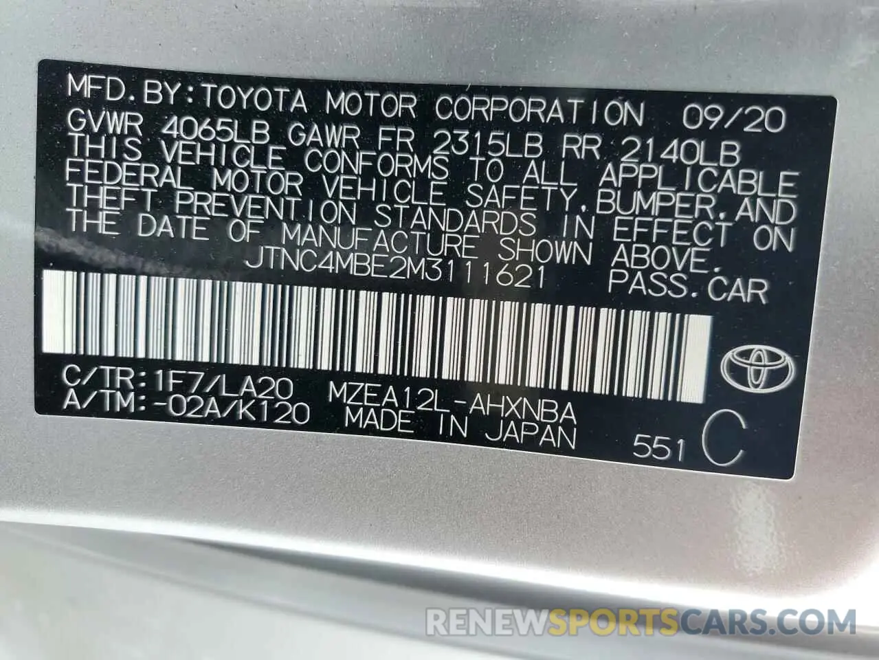 13 fotografías del automóvil dañado JTNC4MBE2M3111621 TOYOTA COROLLA 2021