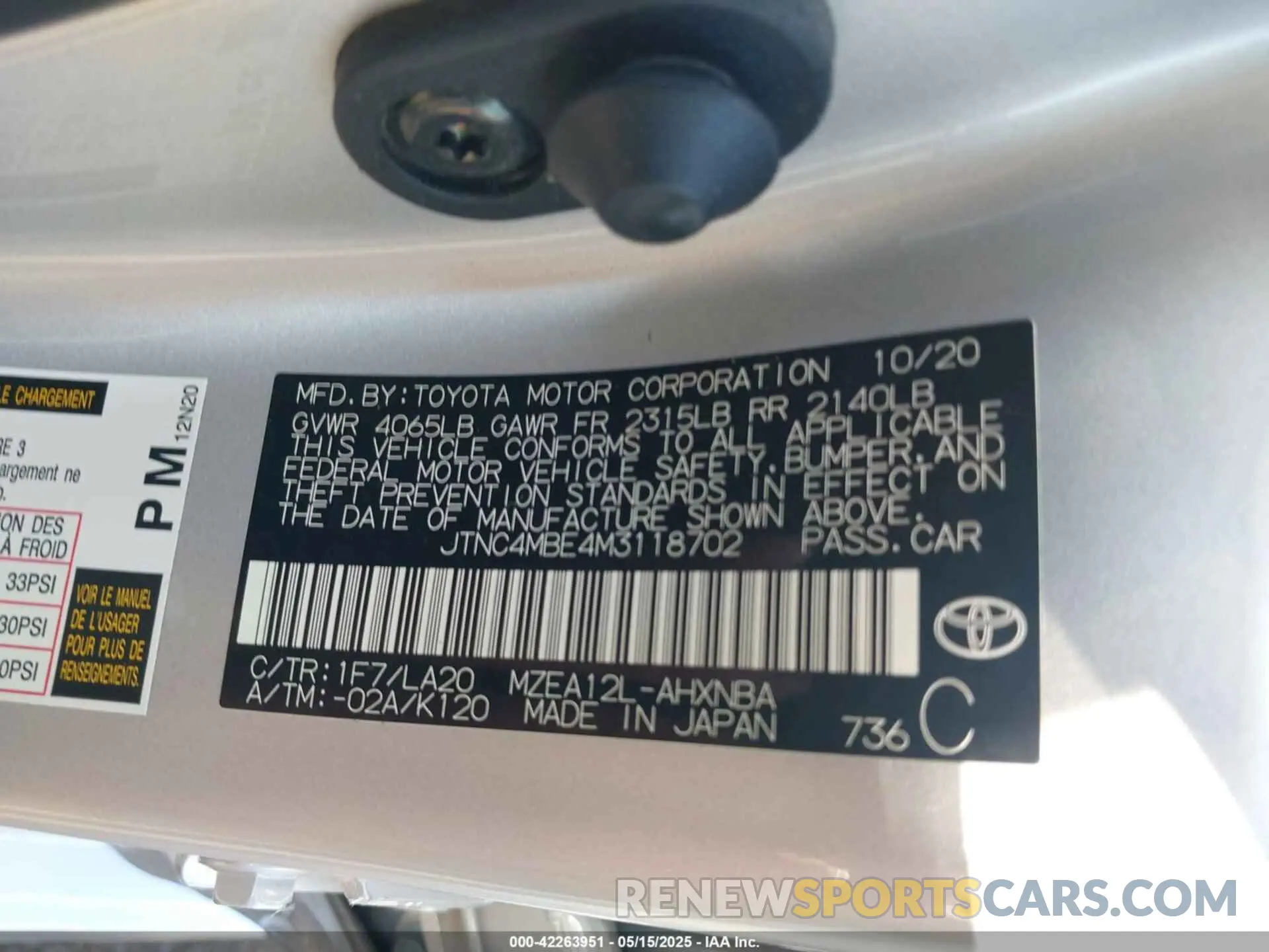 9 fotografías del automóvil dañado JTNC4MBE4M3118702 TOYOTA COROLLA 2021