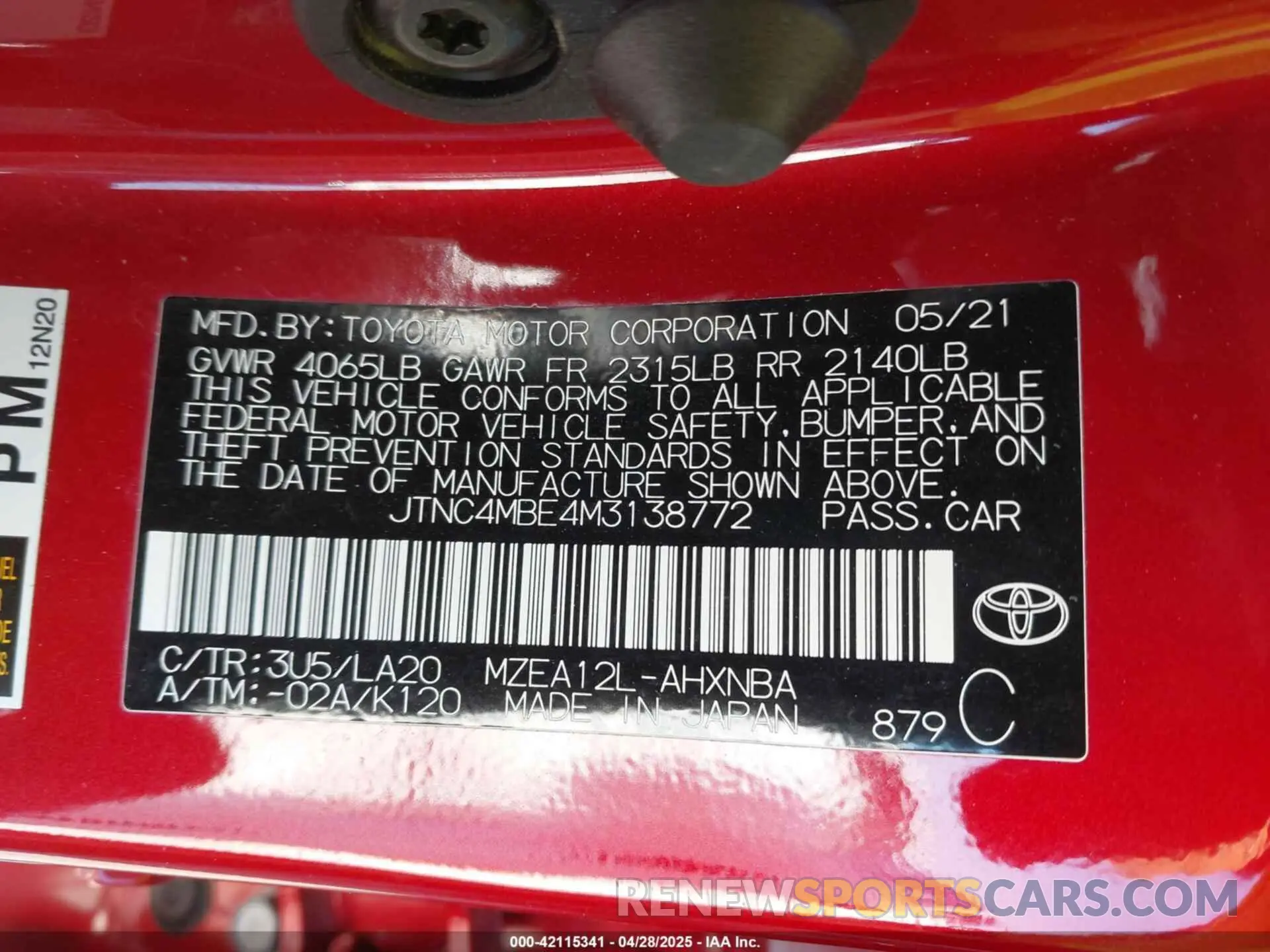 9 fotografías del automóvil dañado JTNC4MBE4M3138772 TOYOTA COROLLA 2021