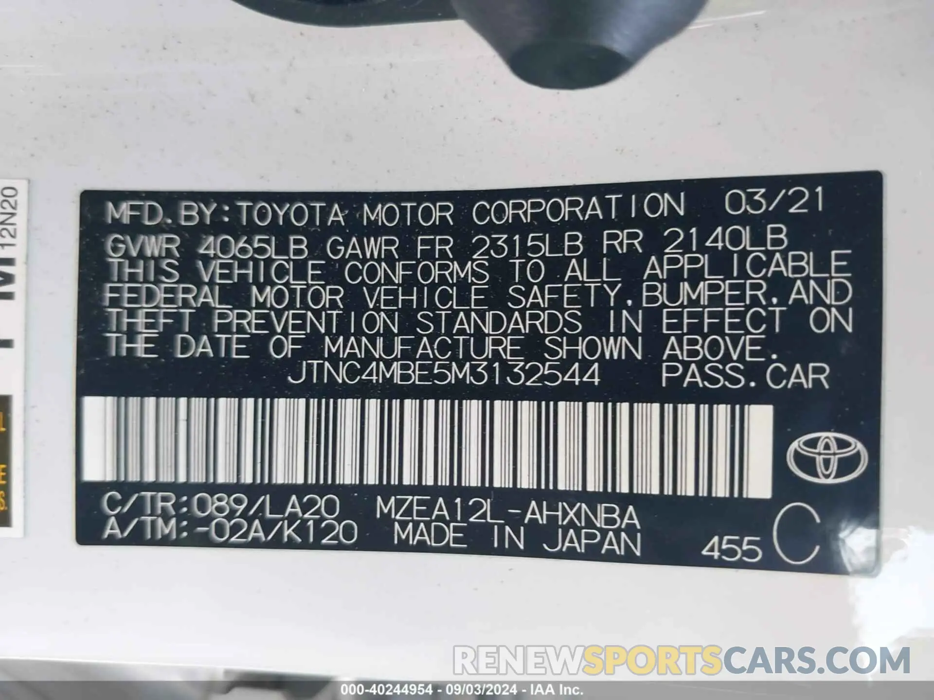 9 fotografías del automóvil dañado JTNC4MBE5M3132544 TOYOTA COROLLA 2021