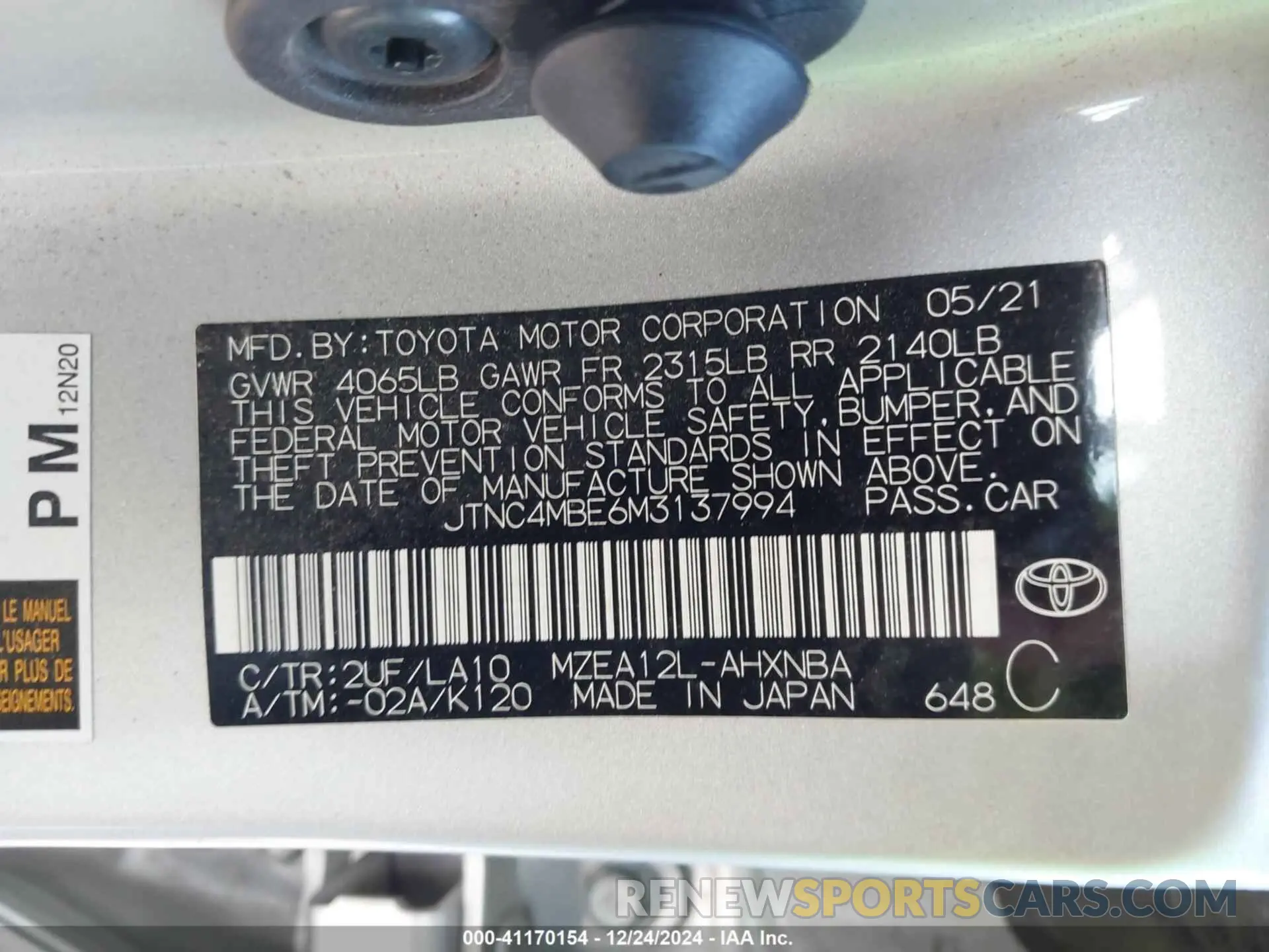 9 fotografías del automóvil dañado JTNC4MBE6M3137994 TOYOTA COROLLA 2021