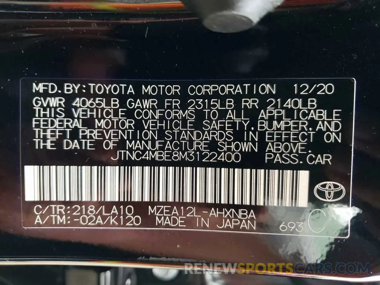 10 fotografías del automóvil dañado JTNC4MBE8M3122400 TOYOTA COROLLA 2021