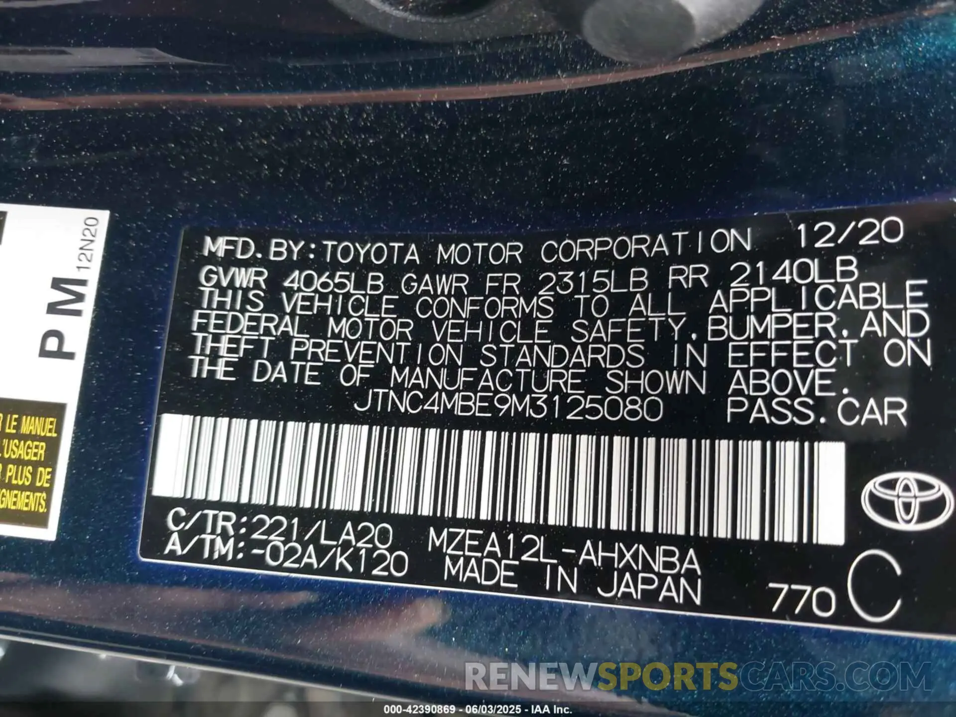 9 fotografías del automóvil dañado JTNC4MBE9M3125080 TOYOTA COROLLA 2021