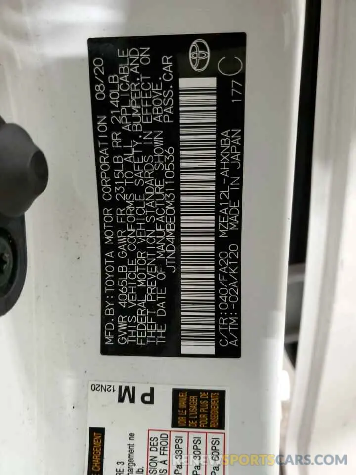 12 fotografías del automóvil dañado JTND4MBE0M3110536 TOYOTA COROLLA 2021