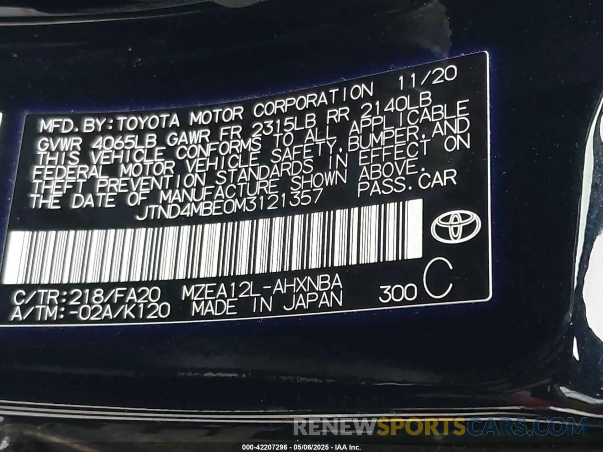 9 fotografías del automóvil dañado JTND4MBE0M3121357 TOYOTA COROLLA 2021