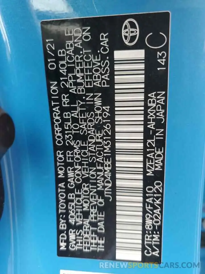10 fotografías del automóvil dañado JTND4MBE1M3126194 TOYOTA COROLLA 2021