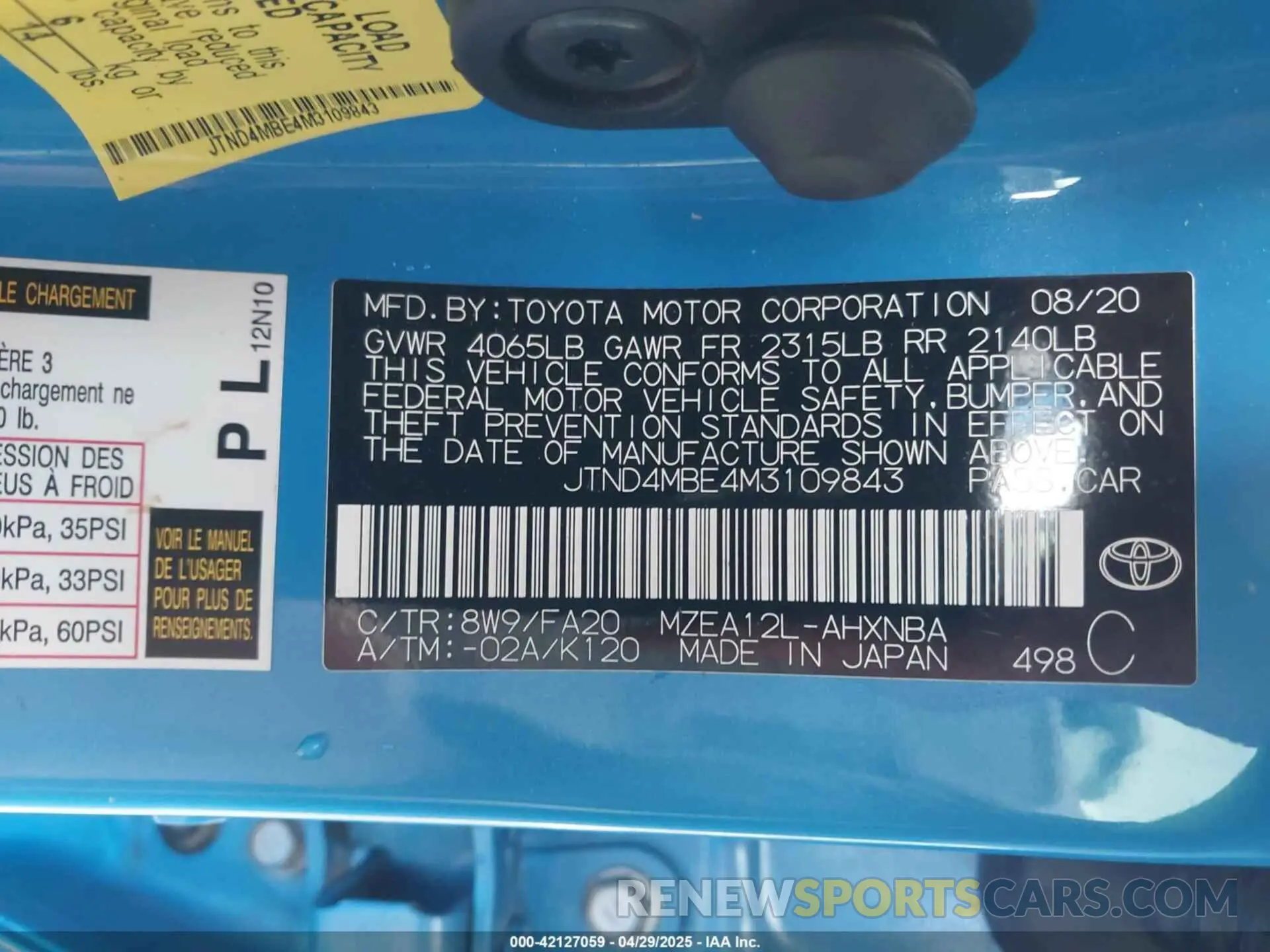 9 fotografías del automóvil dañado JTND4MBE4M3109843 TOYOTA COROLLA 2021