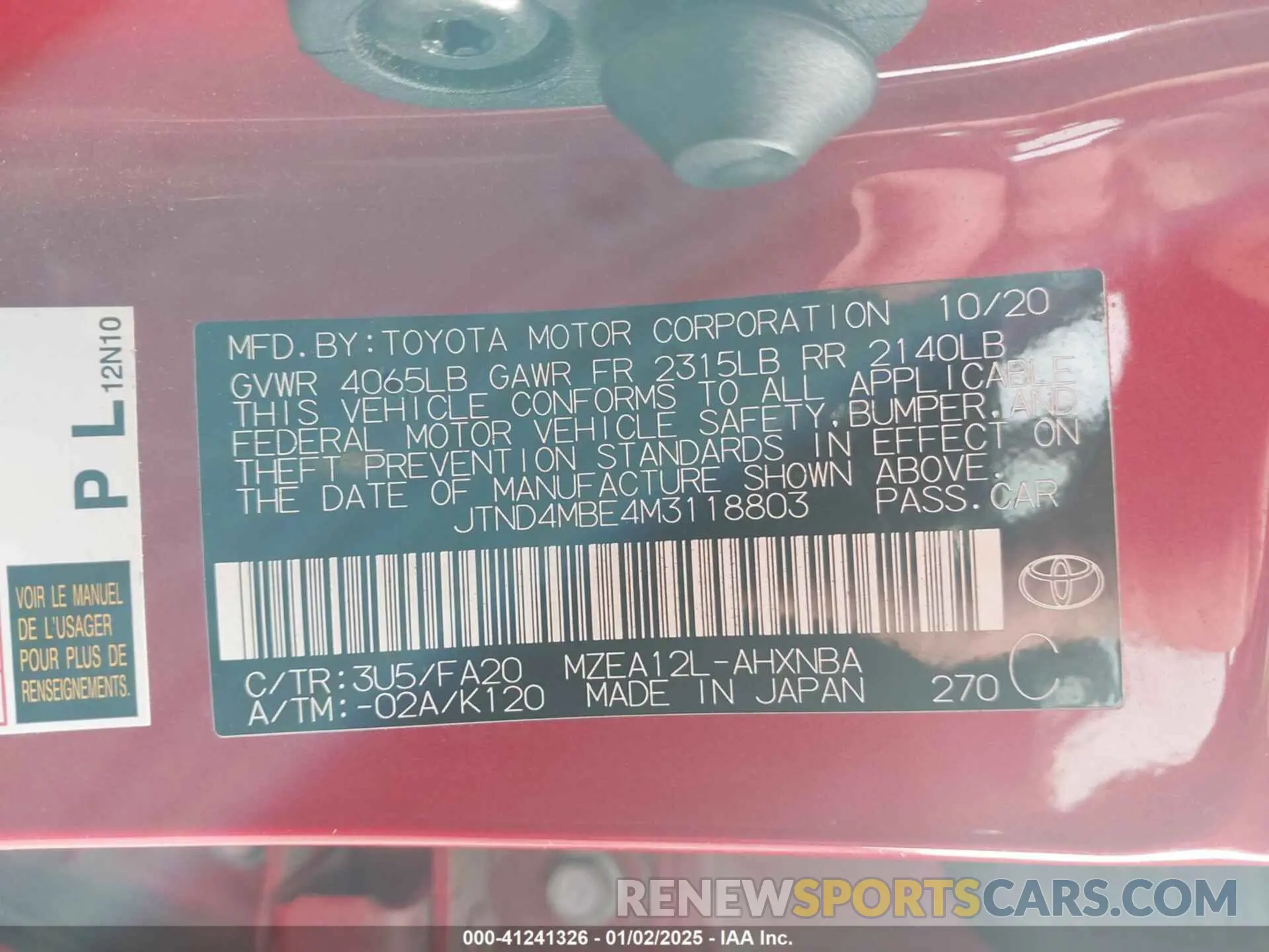 9 fotografías del automóvil dañado JTND4MBE4M3118803 TOYOTA COROLLA 2021