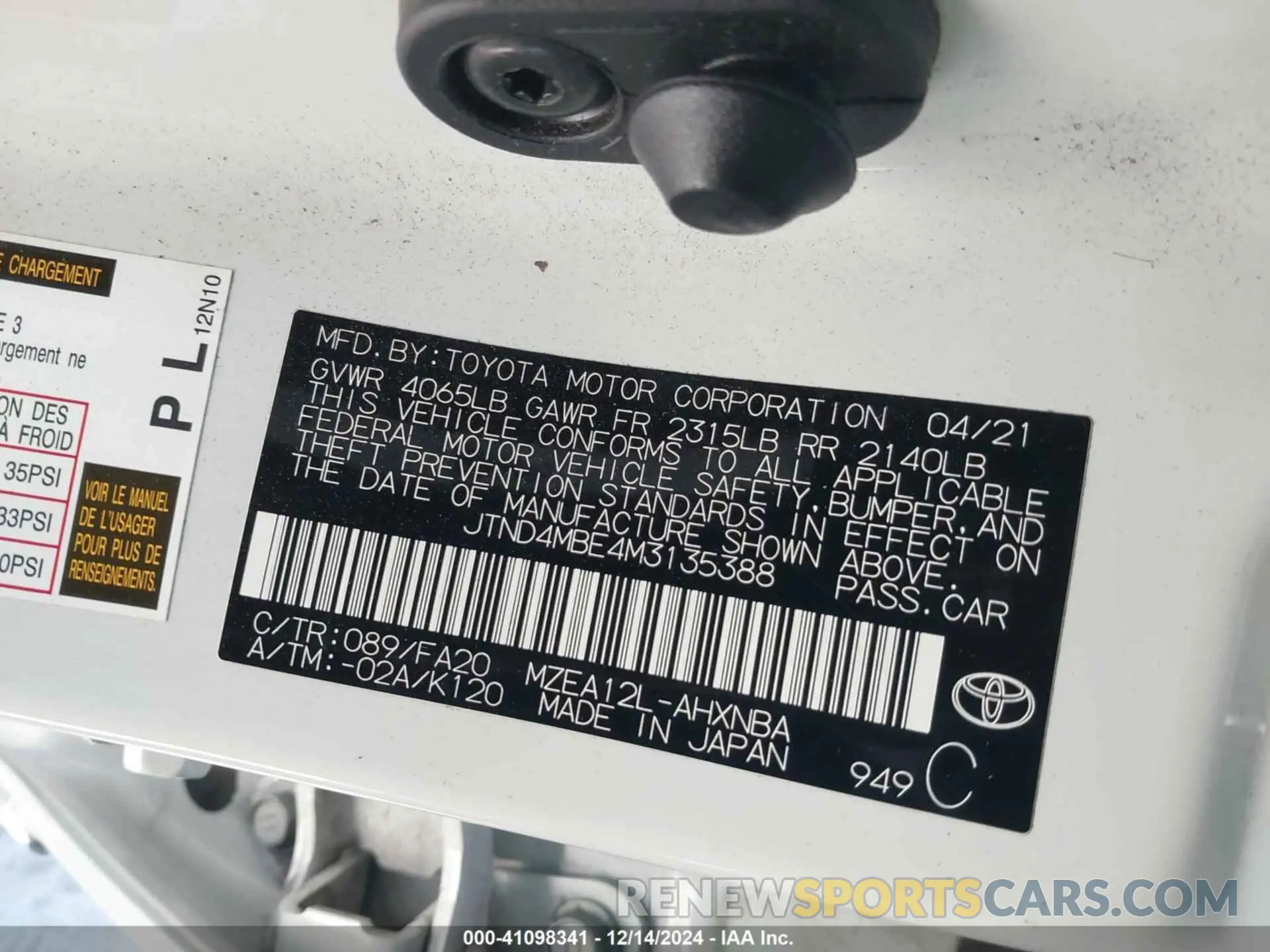 9 fotografías del automóvil dañado JTND4MBE4M3135388 TOYOTA COROLLA 2021