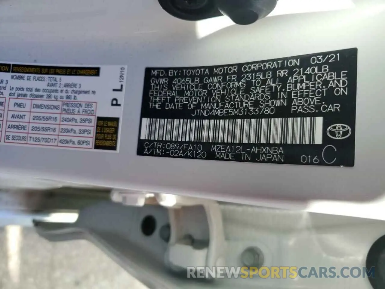 10 fotografías del automóvil dañado JTND4MBE5M3133780 TOYOTA COROLLA 2021