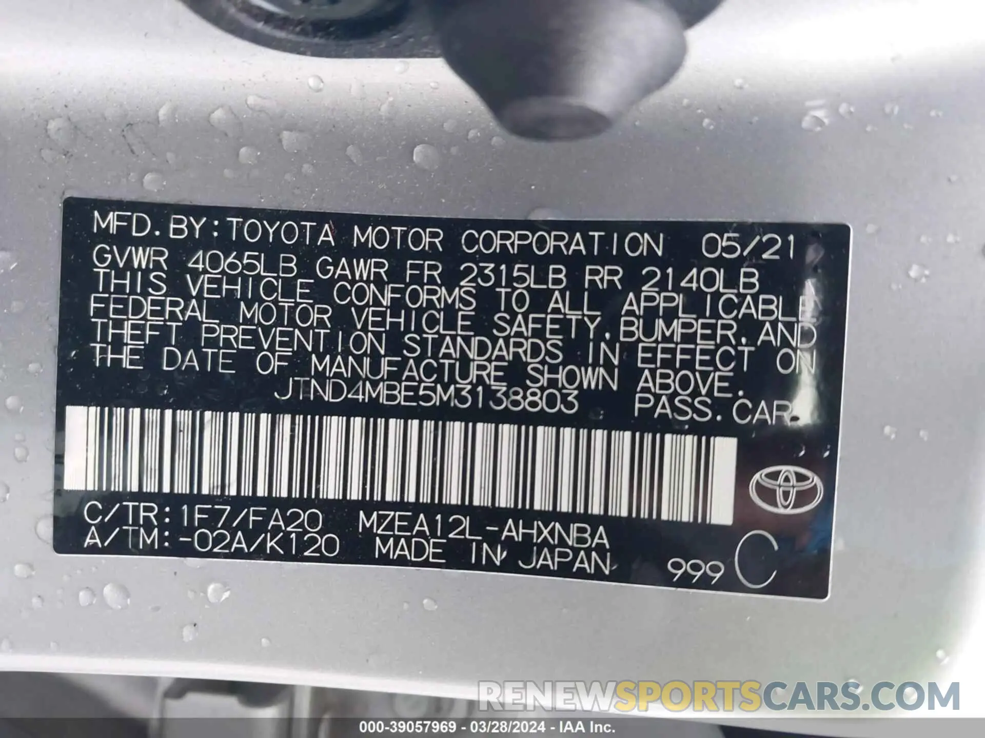 9 fotografías del automóvil dañado JTND4MBE5M3138803 TOYOTA COROLLA 2021