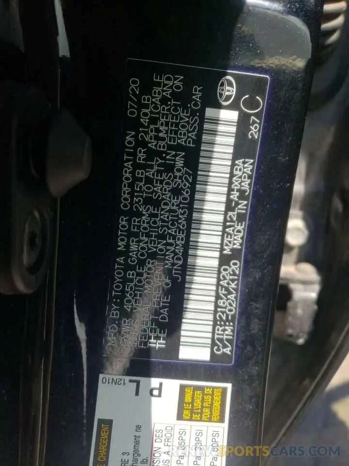 10 fotografías del automóvil dañado JTND4MBE6M3106927 TOYOTA COROLLA 2021