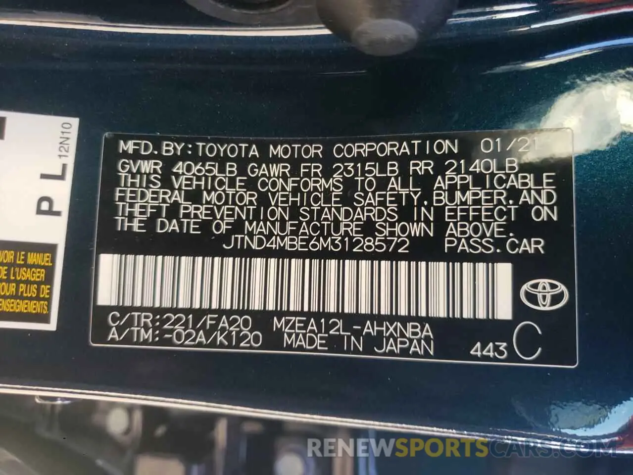 10 fotografías del automóvil dañado JTND4MBE6M3128572 TOYOTA COROLLA 2021
