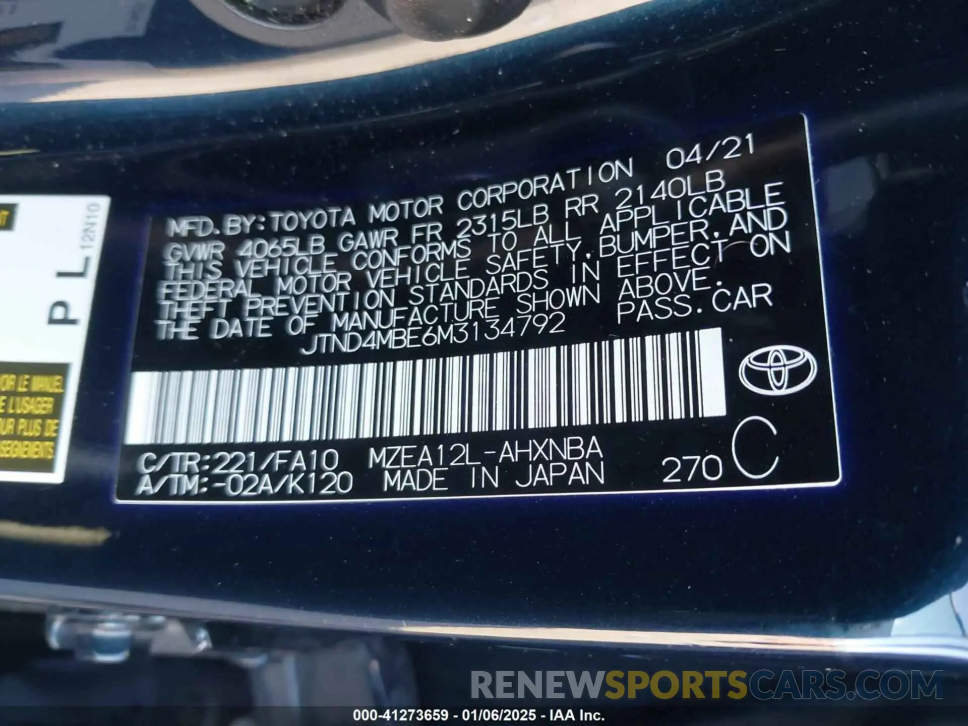 9 fotografías del automóvil dañado JTND4MBE6M3134792 TOYOTA COROLLA 2021