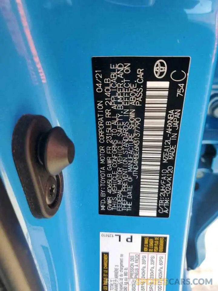 13 fotografías del automóvil dañado JTND4MBE6M3137790 TOYOTA COROLLA 2021