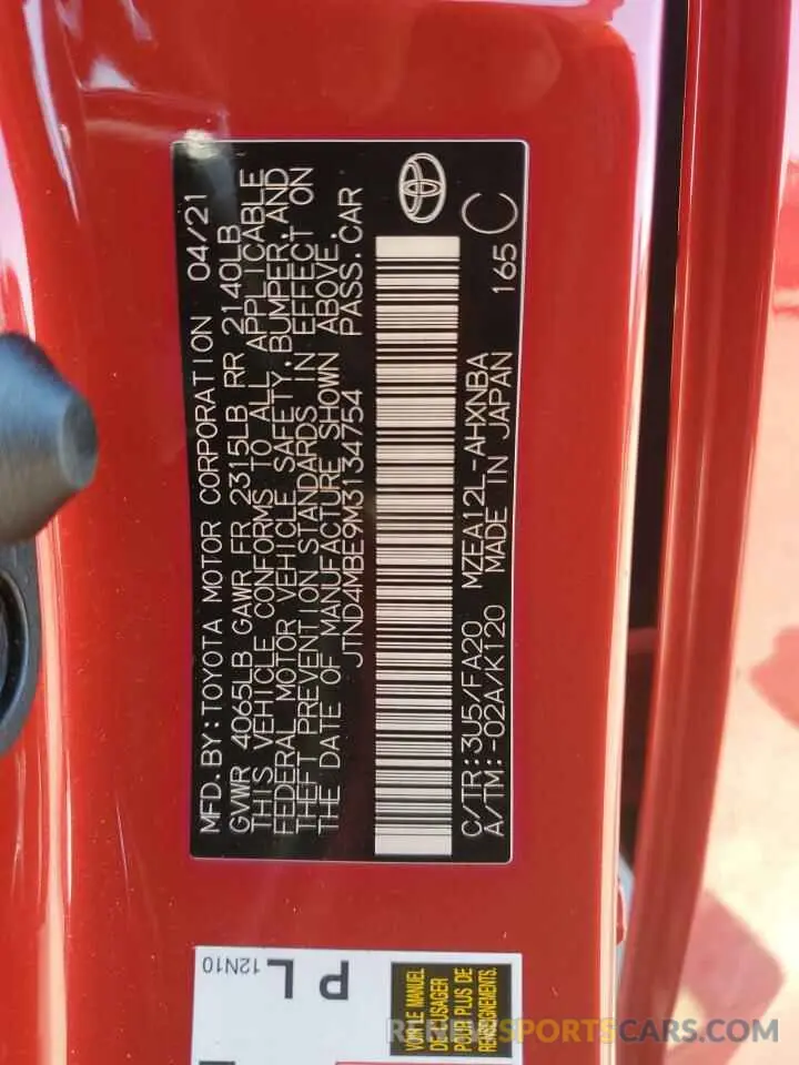 14 fotografías del automóvil dañado JTND4MBE9M3134754 TOYOTA COROLLA 2021