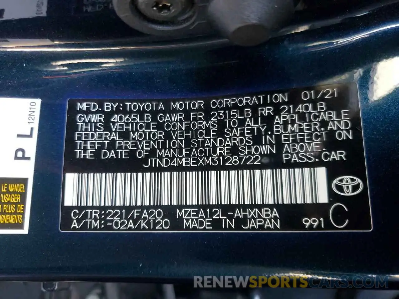 14 fotografías del automóvil dañado JTND4MBEXM3128722 TOYOTA COROLLA 2021