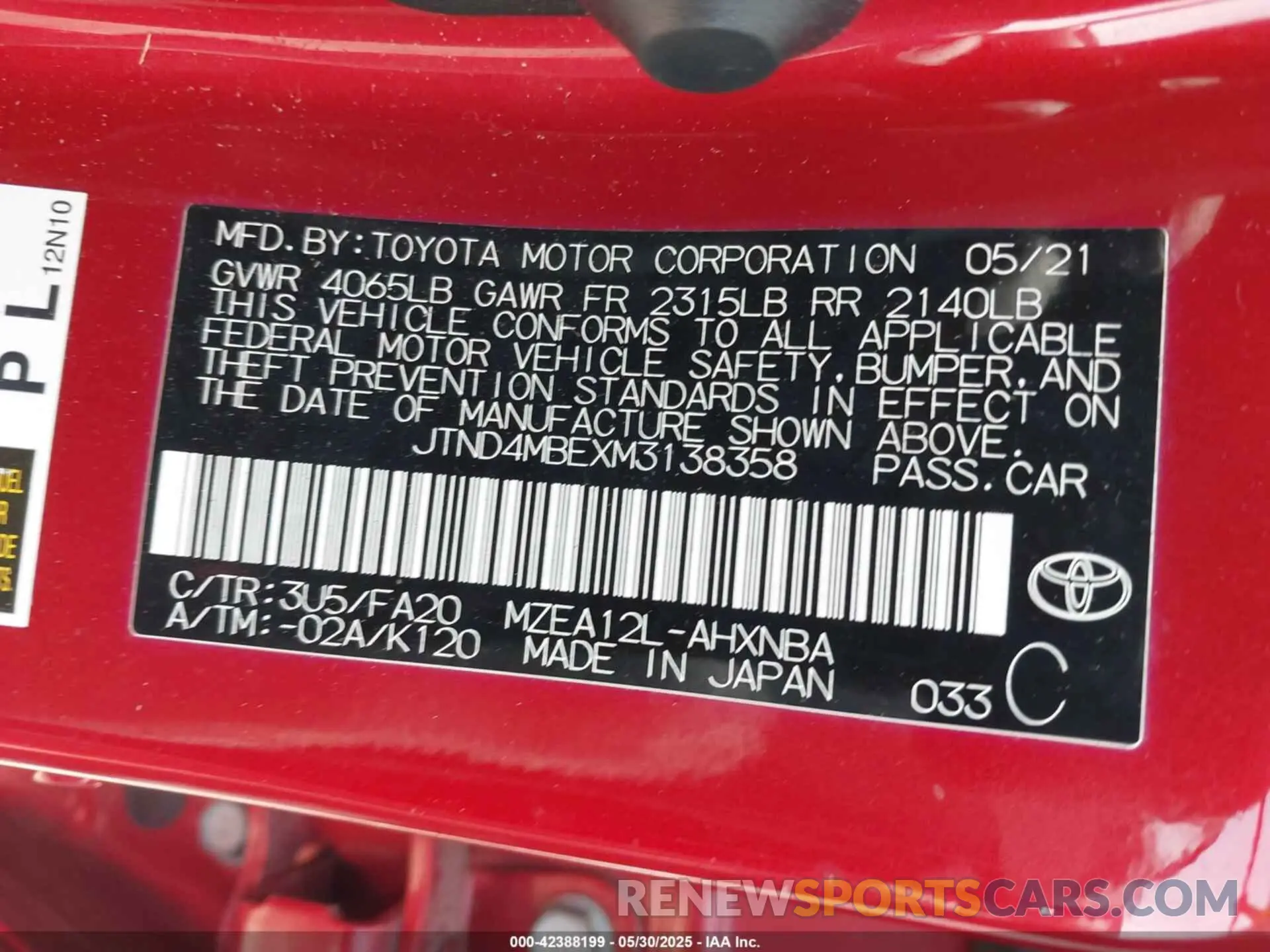 9 fotografías del automóvil dañado JTND4MBEXM3138358 TOYOTA COROLLA 2021