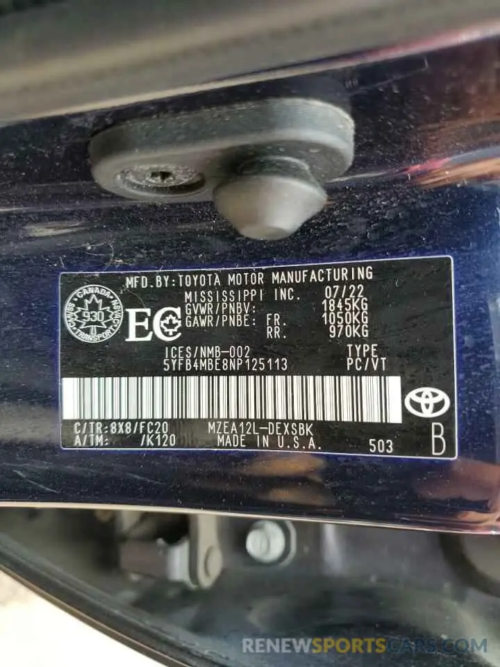 12 fotografías del automóvil dañado 5YFB4MBE8NP125113 TOYOTA COROLLA 2022