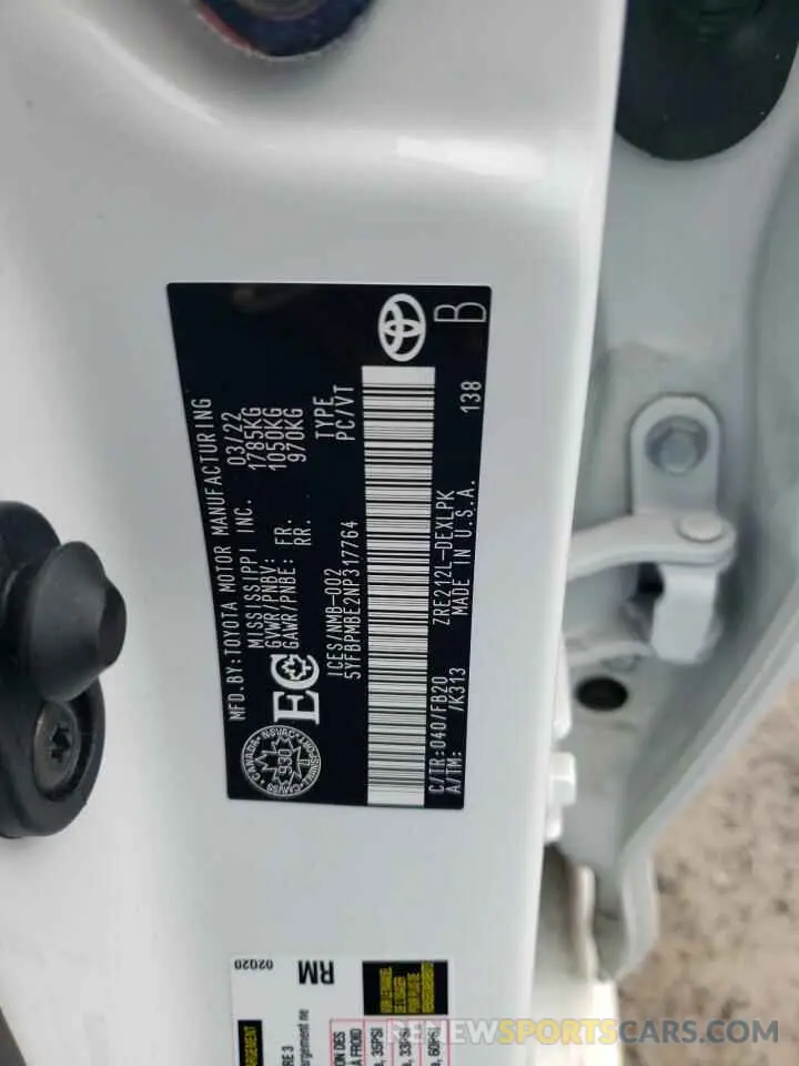 10 fotografías del automóvil dañado 5YFBPMBE2NP317764 TOYOTA COROLLA 2022