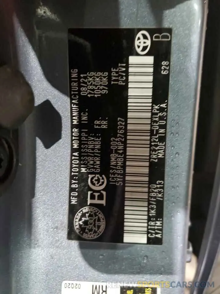 12 fotografías del automóvil dañado 5YFBPMBE4NP276327 TOYOTA COROLLA 2022