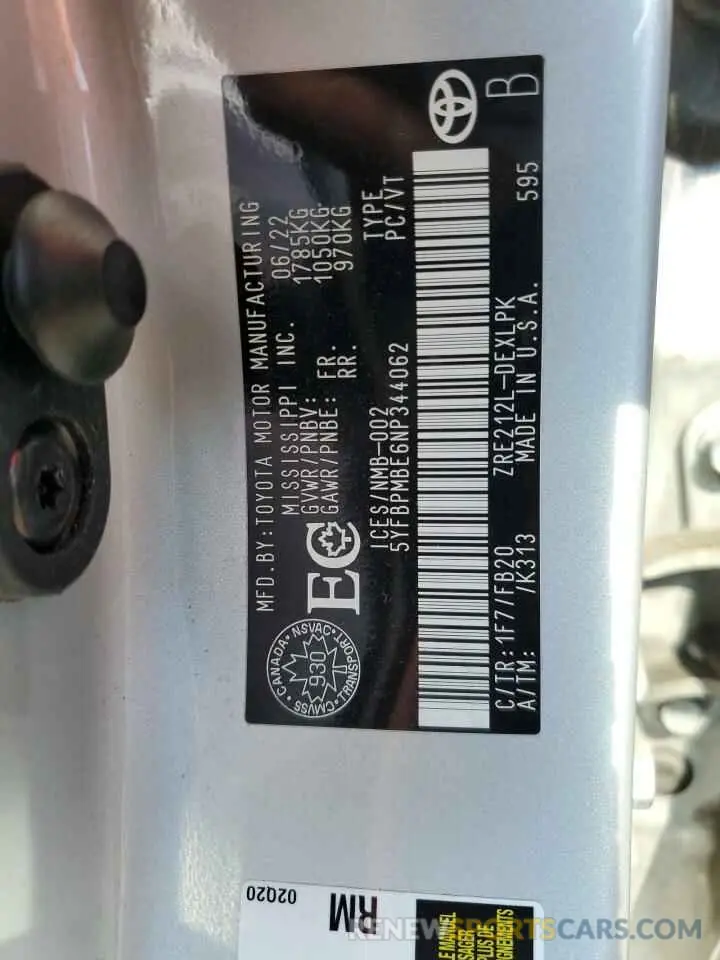 13 fotografías del automóvil dañado 5YFBPMBE6NP344062 TOYOTA COROLLA 2022