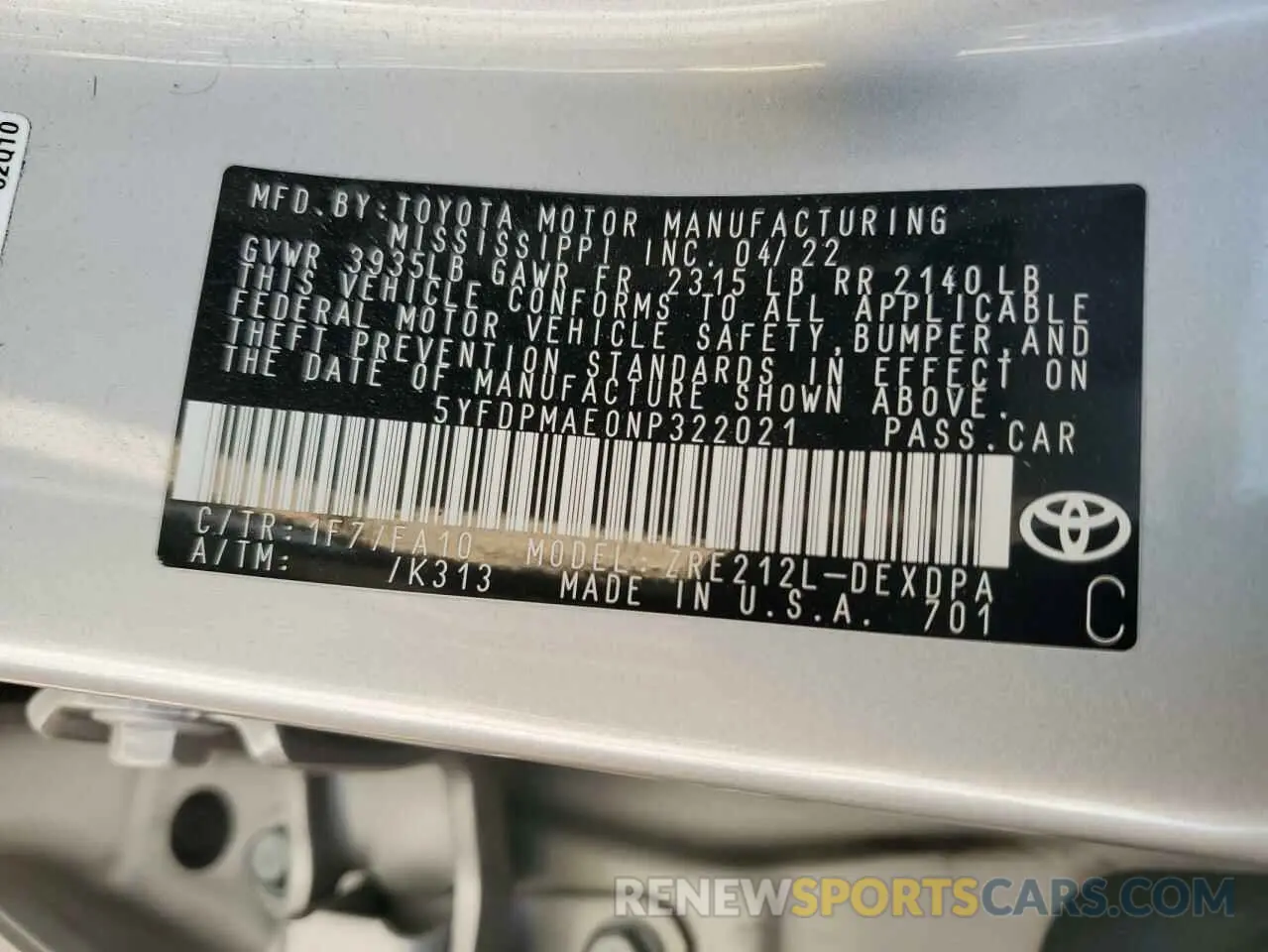 13 fotografías del automóvil dañado 5YFDPMAE0NP322021 TOYOTA COROLLA 2022